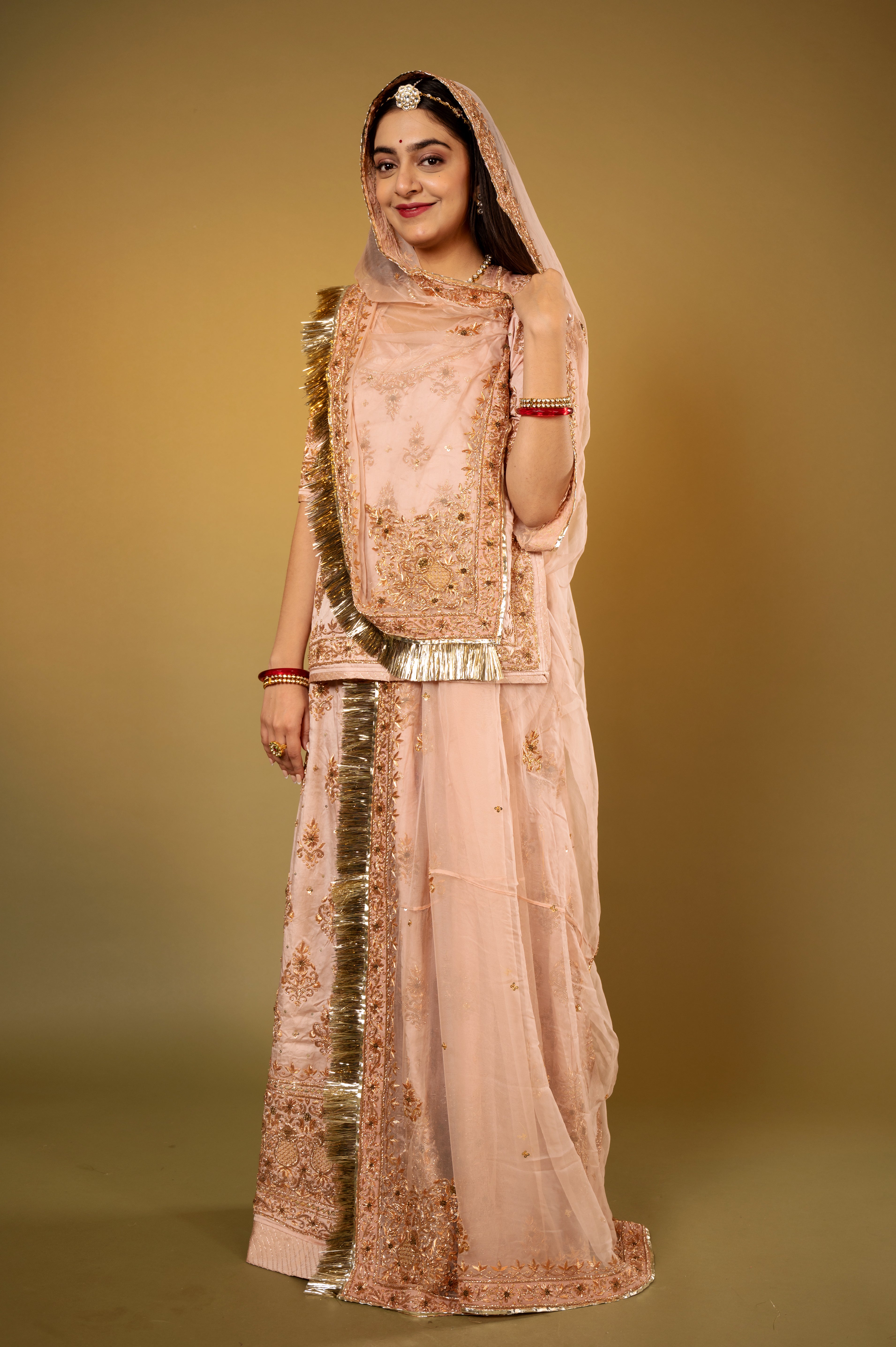 blush pink Pure Silk Satin zardozi handwork Rajputi Poshak with Pure odhna