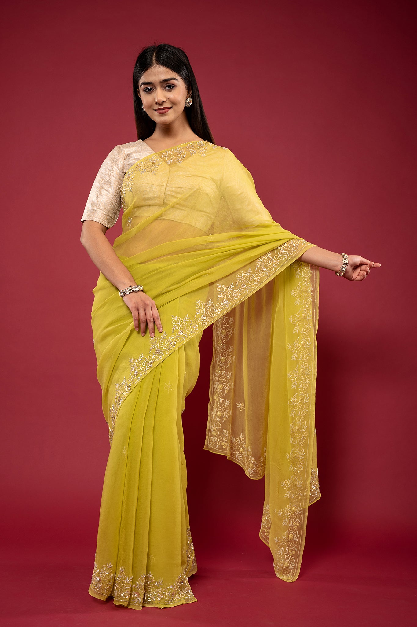 Olive green Viscose chiffon aari sequins kardana border butti handwork casual wear saree