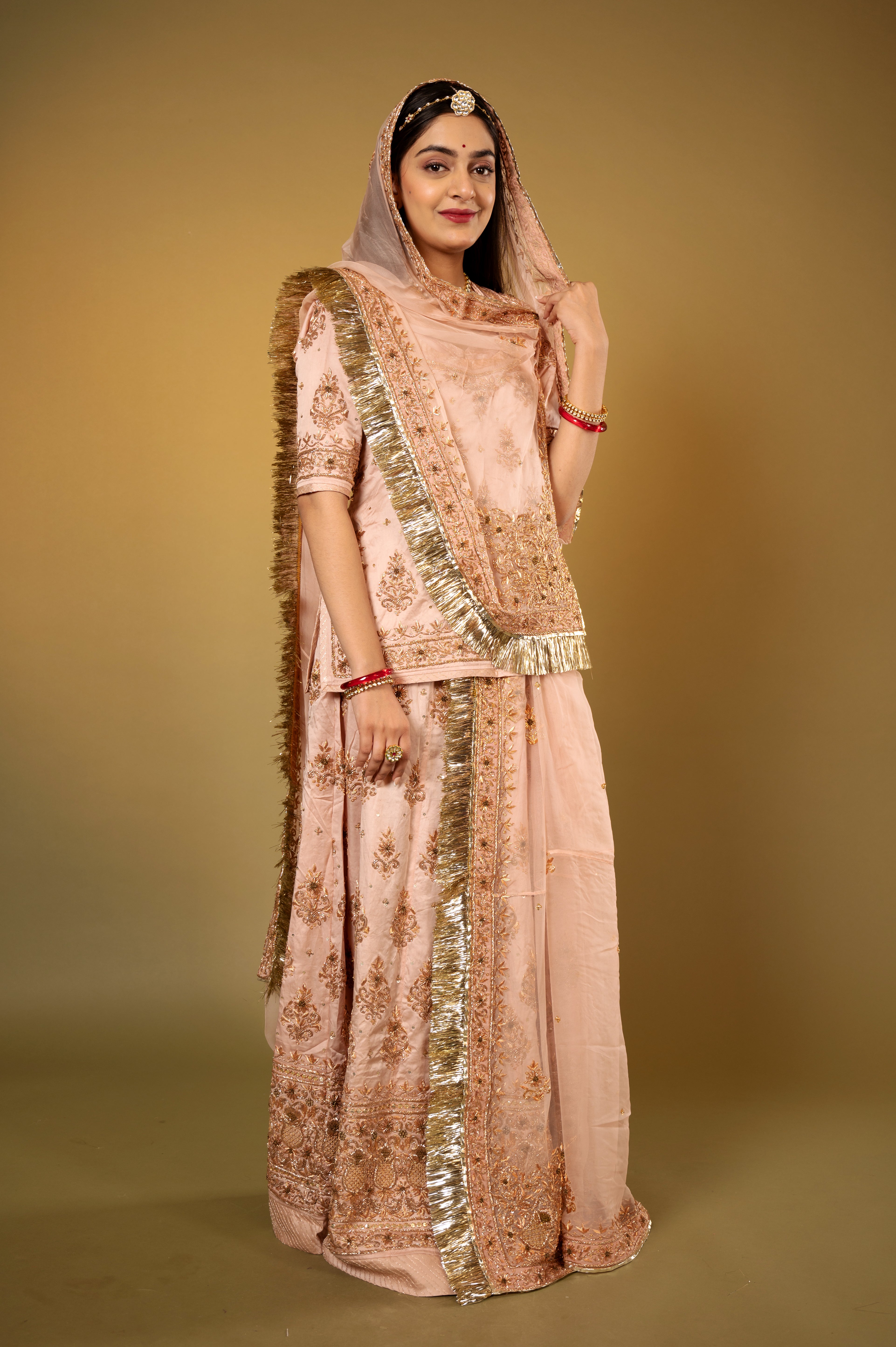 blush pink Pure Silk Satin zardozi handwork Rajputi Poshak with Pure odhna