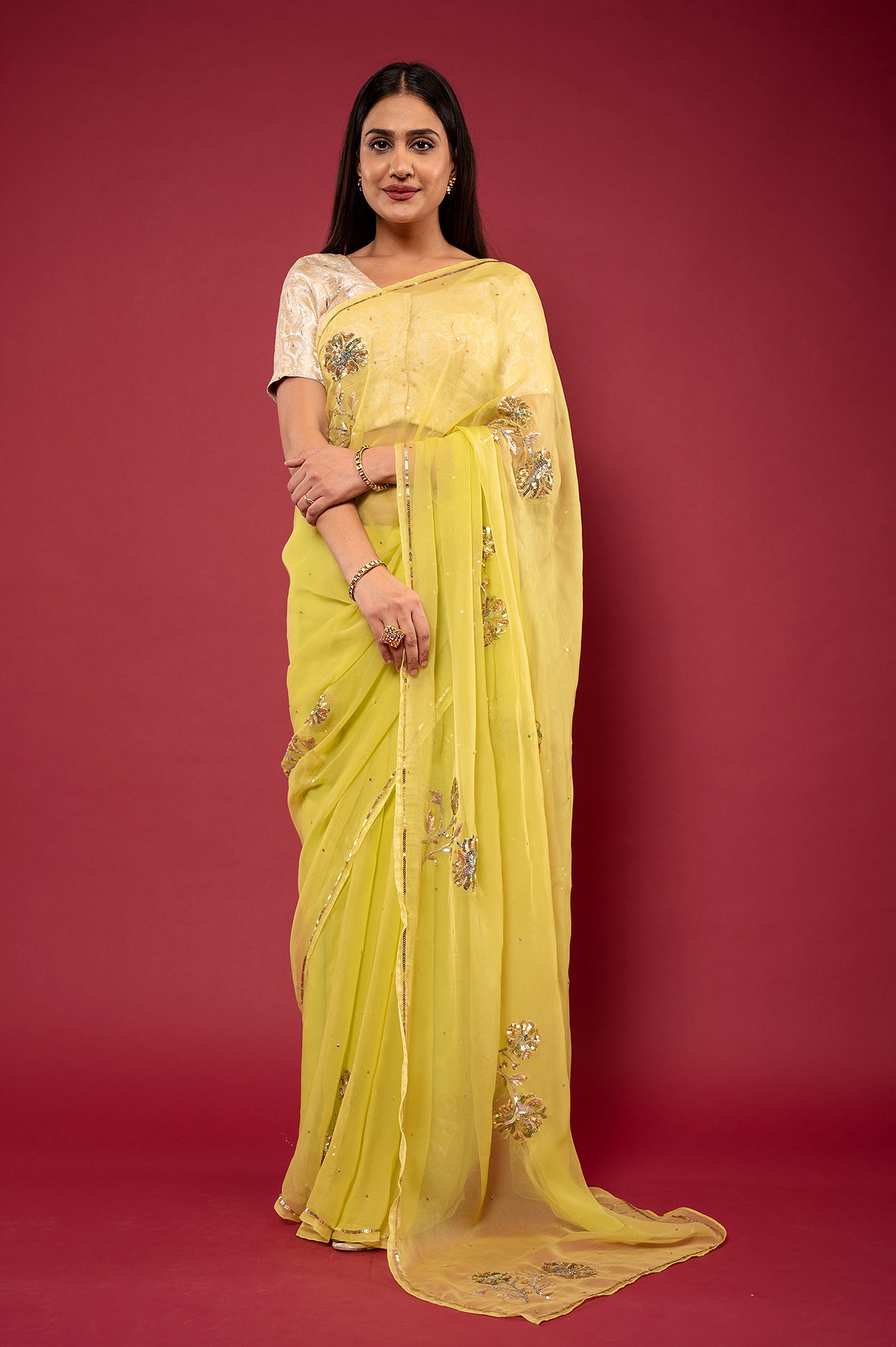 parrot green light dark Viscose chiffon aari sequins motif handwork casual wear saree