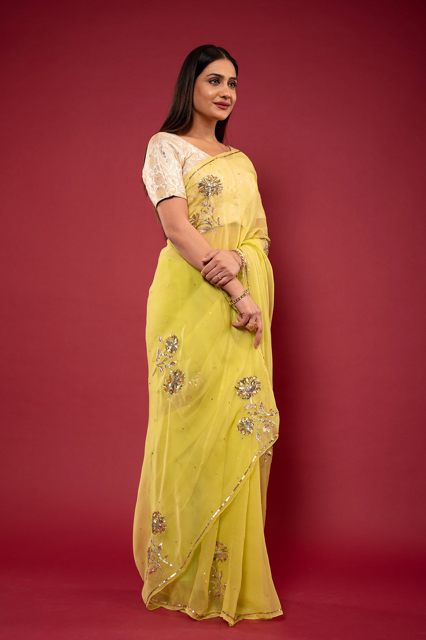 parrot green light dark Viscose chiffon aari sequins motif handwork casual wear saree
