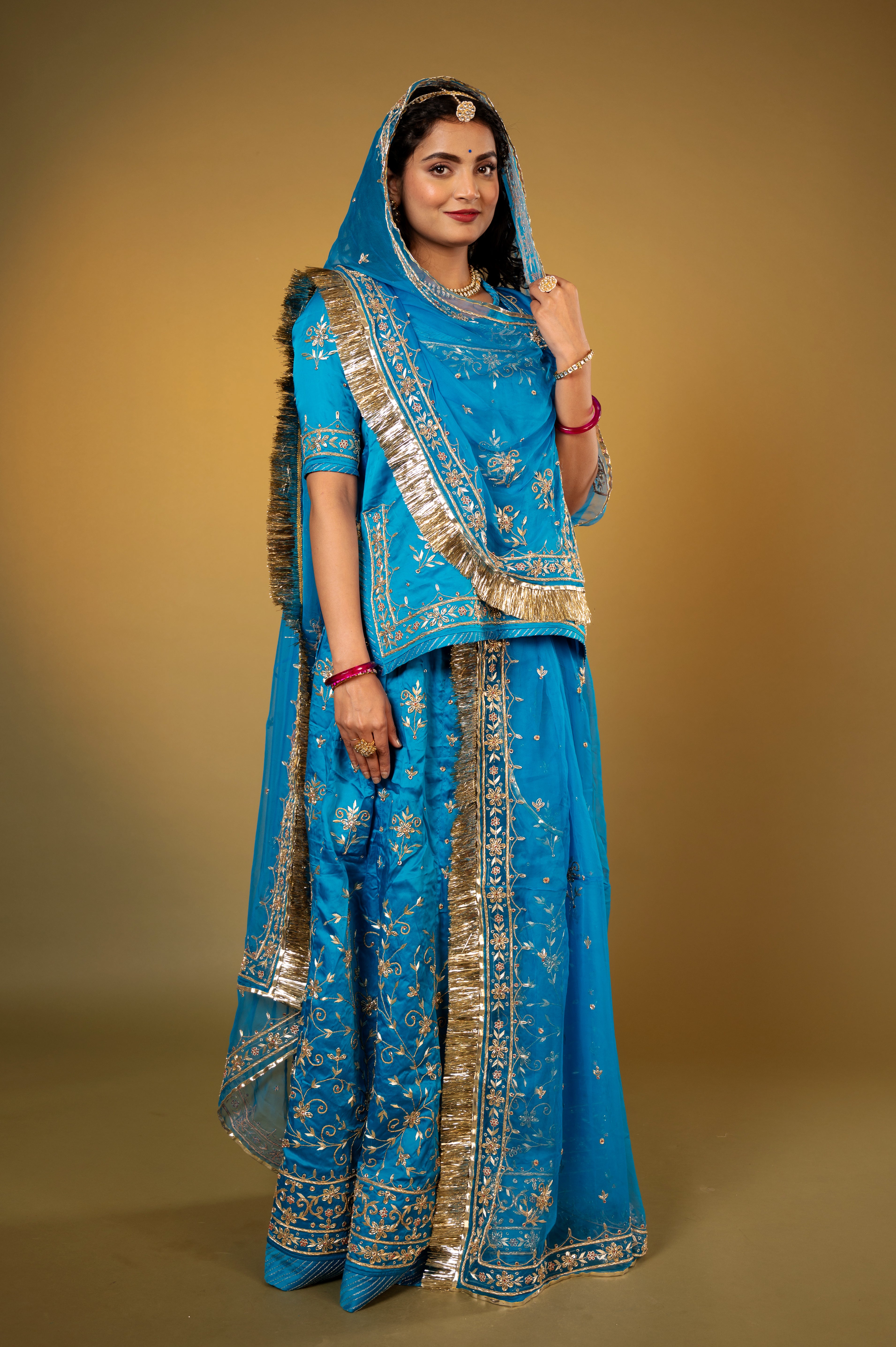 blue bamber satin zardozi handwork Rajputi Poshak with Pure odhna