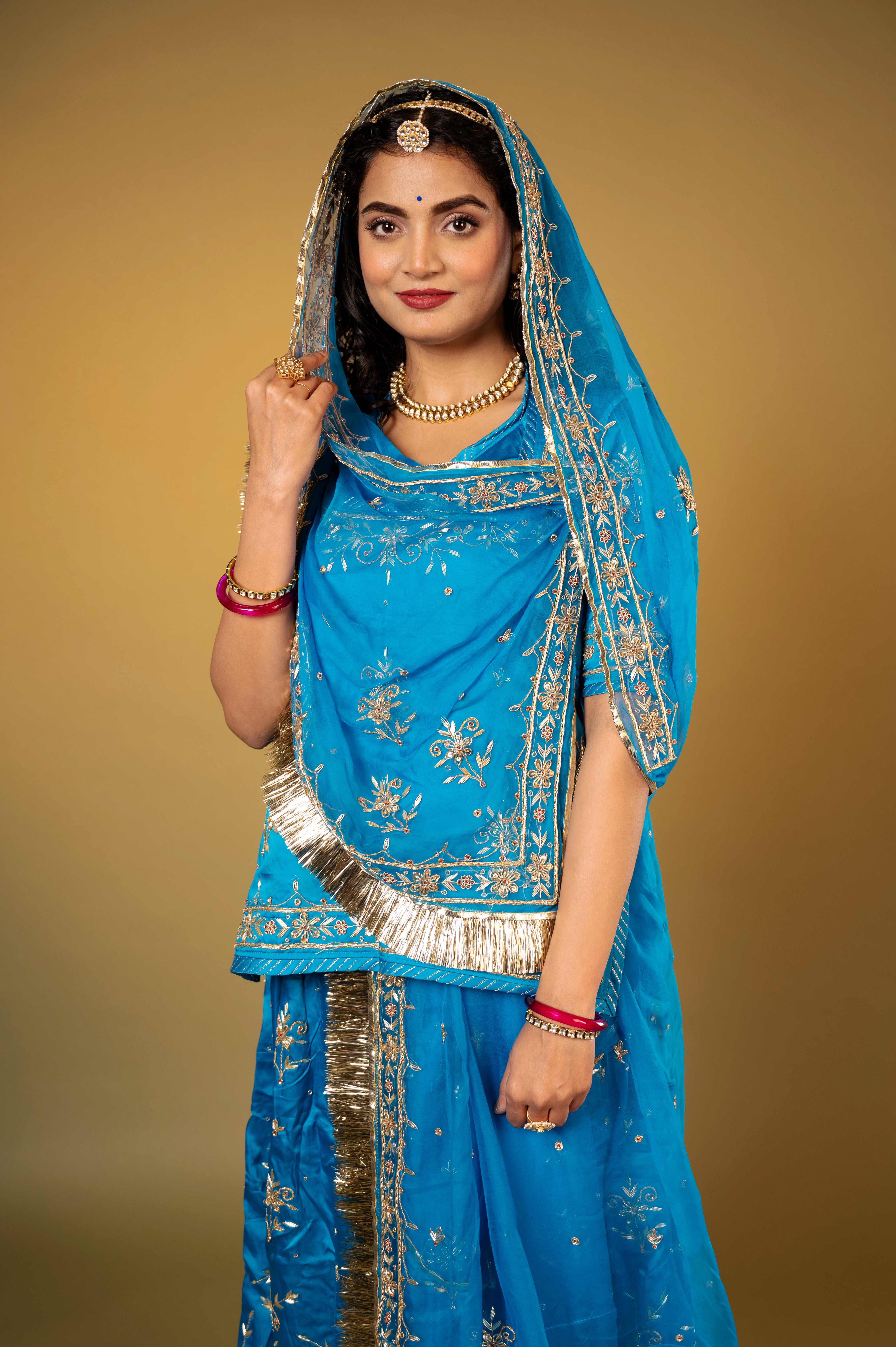 blue bamber satin zardozi handwork Rajputi Poshak with Pure odhna