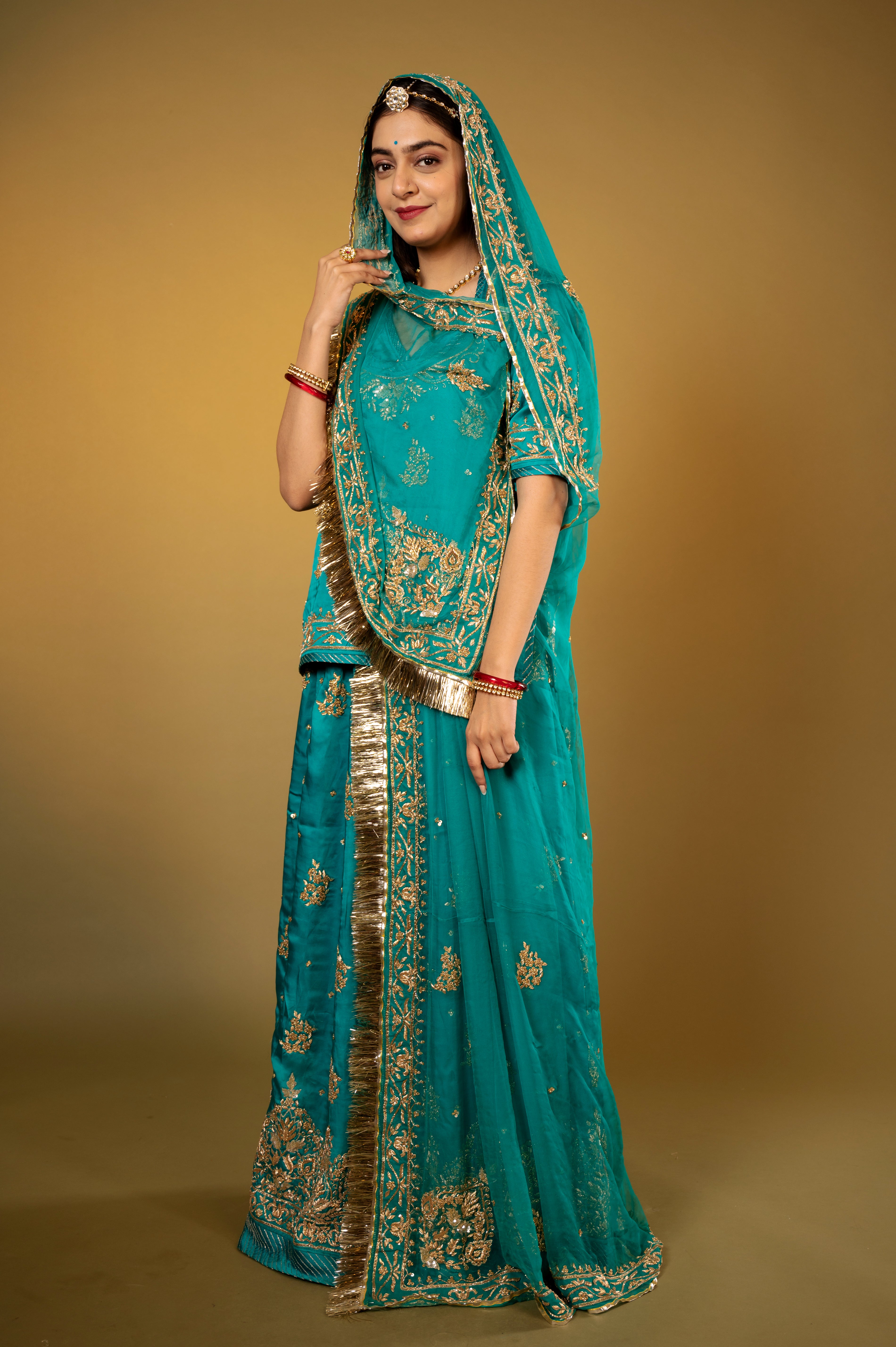 rama blue bamber satin zardozi handwork Rajputi Poshak with Pure odhna