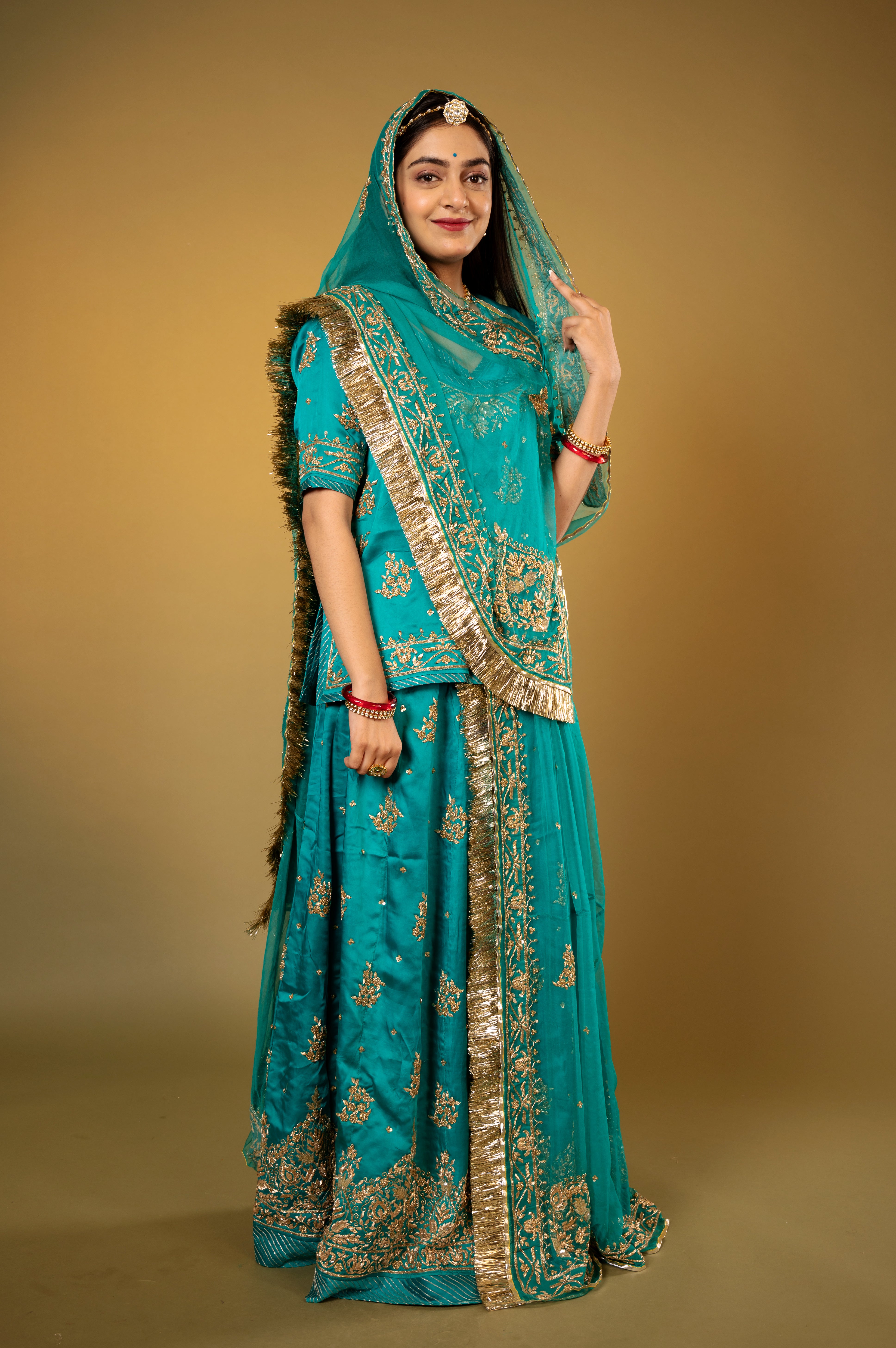 rama blue bamber satin zardozi handwork Rajputi Poshak with Pure odhna