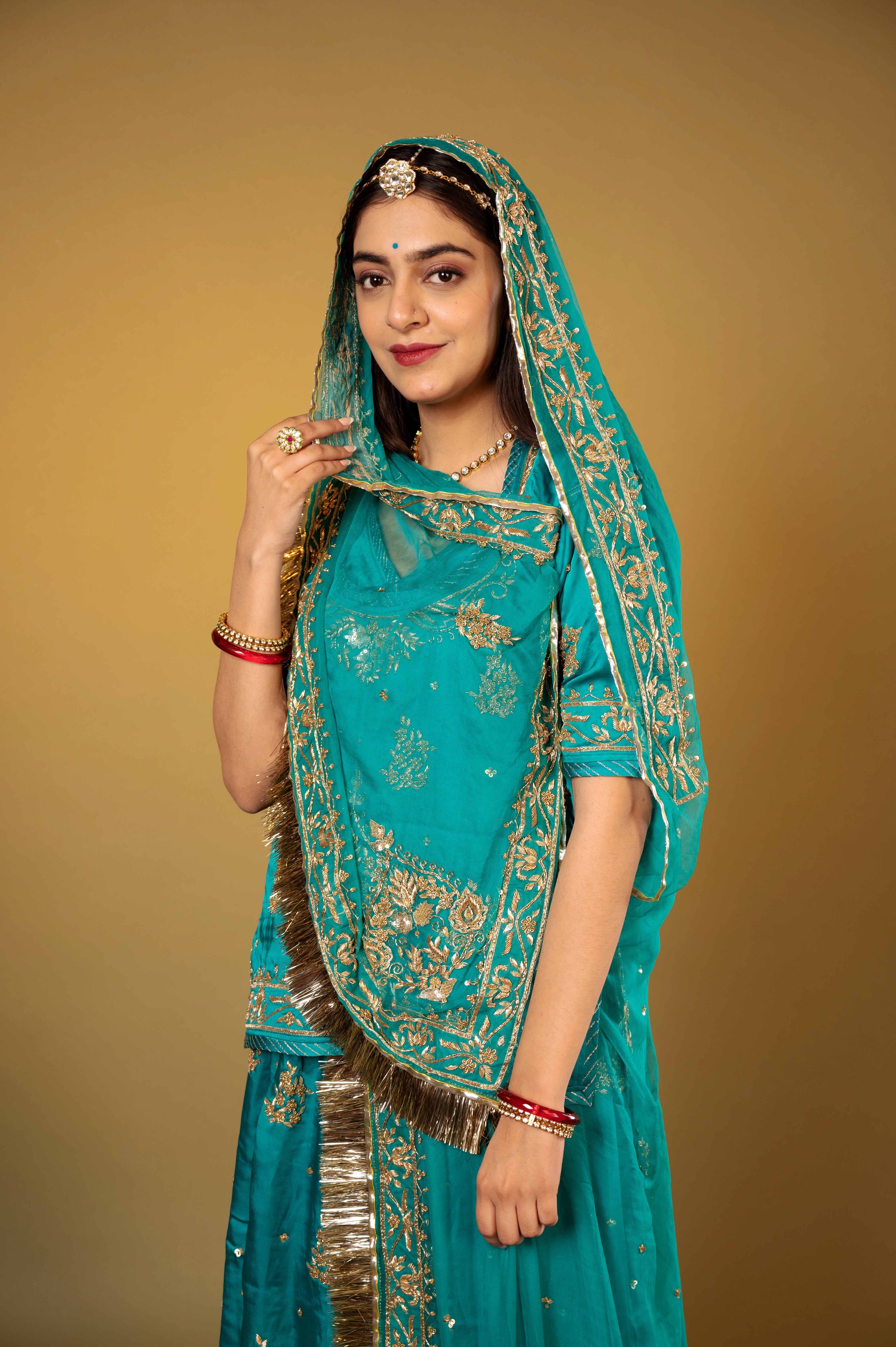 rama blue bamber satin zardozi handwork Rajputi Poshak with Pure odhna