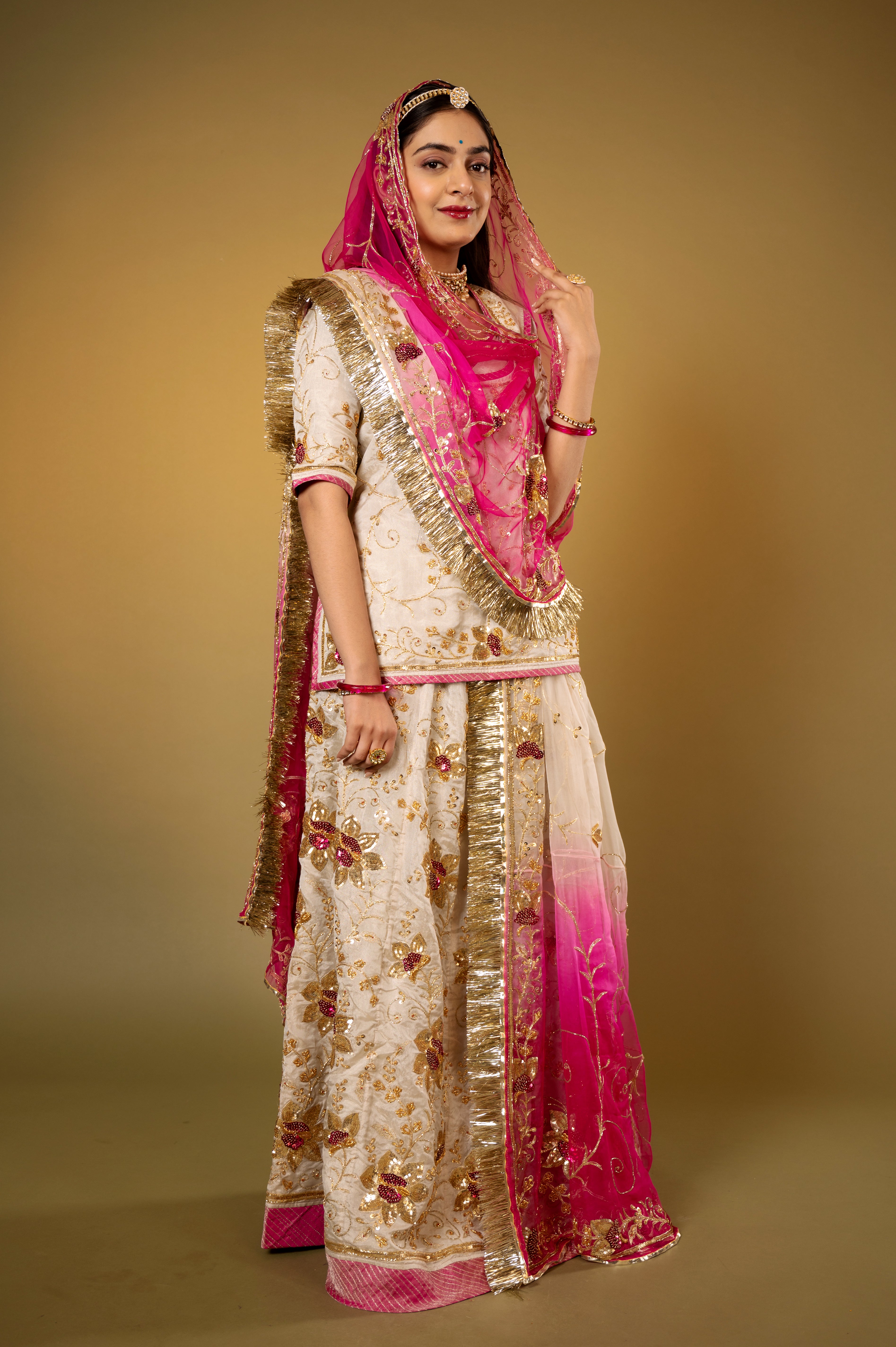 Ivory Pure Tissue Zardozi Sequins Jaal handwork Rajputi Poshak with Pure odhna