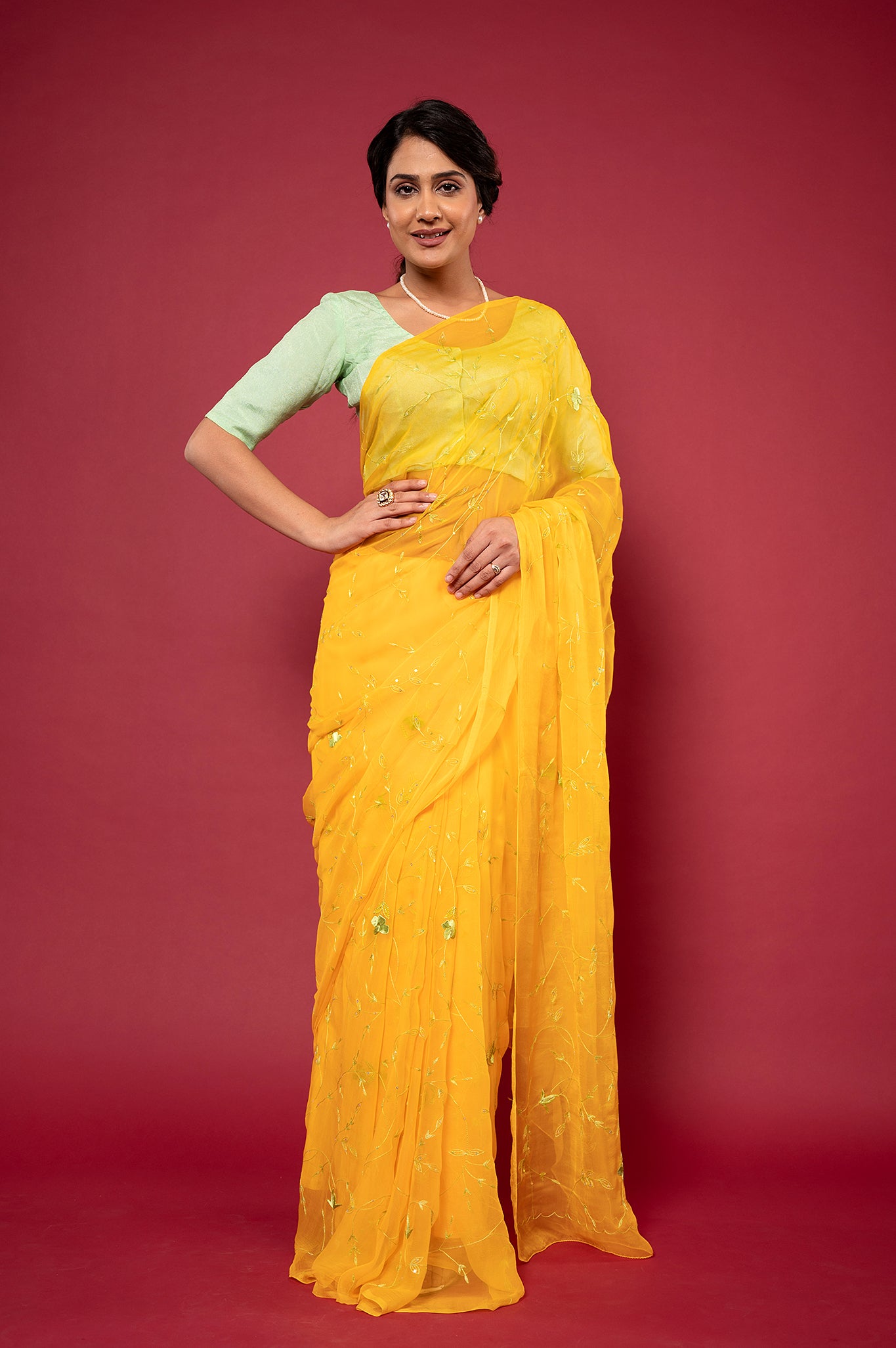 Yellow viscose chiffon Resham Sequins jaal handwork casual wear saree