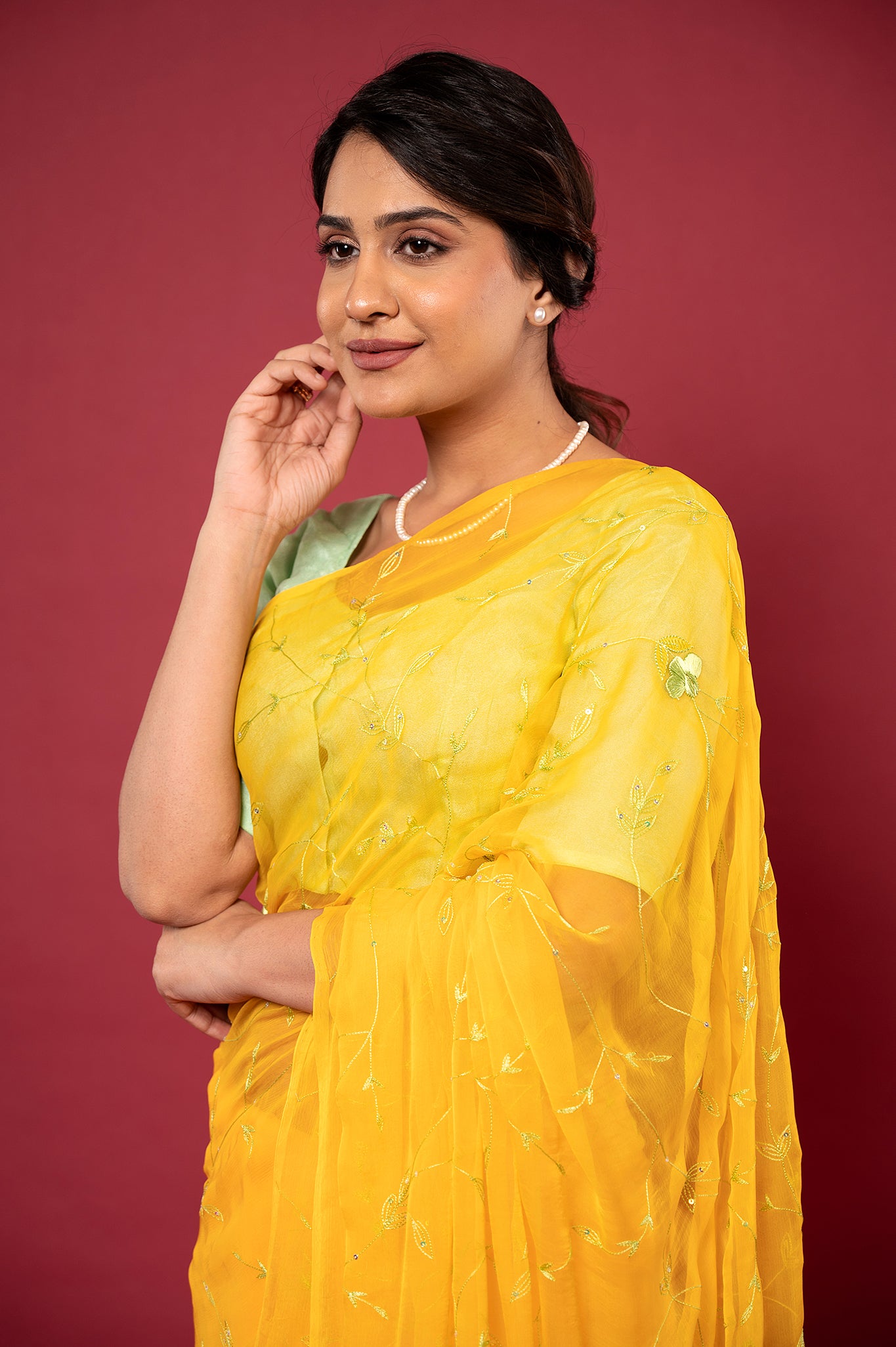 Yellow viscose chiffon Resham Sequins jaal handwork casual wear saree
