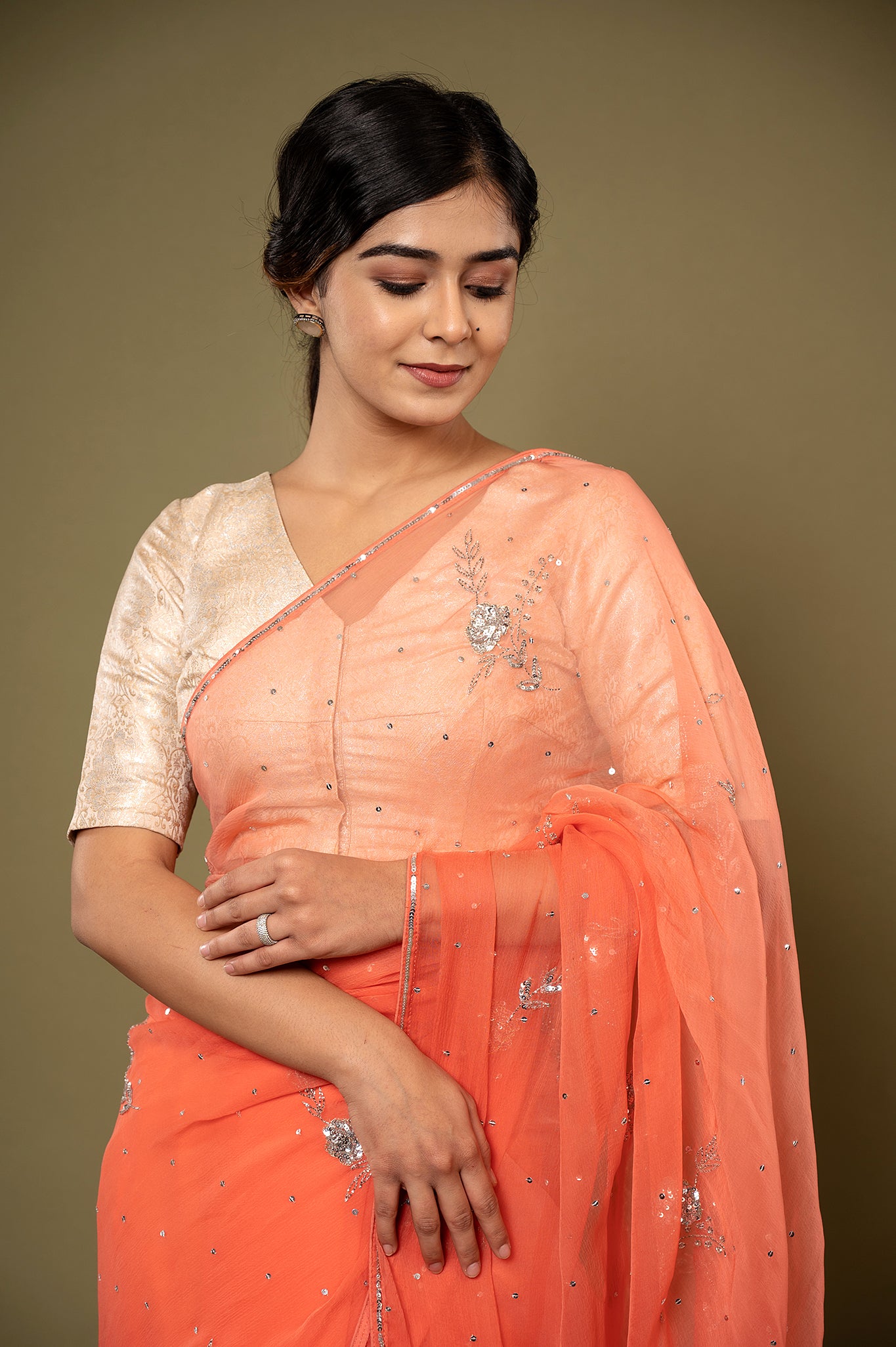 Peach viscose chiffon Sequins kardana motif handwork casual wear saree