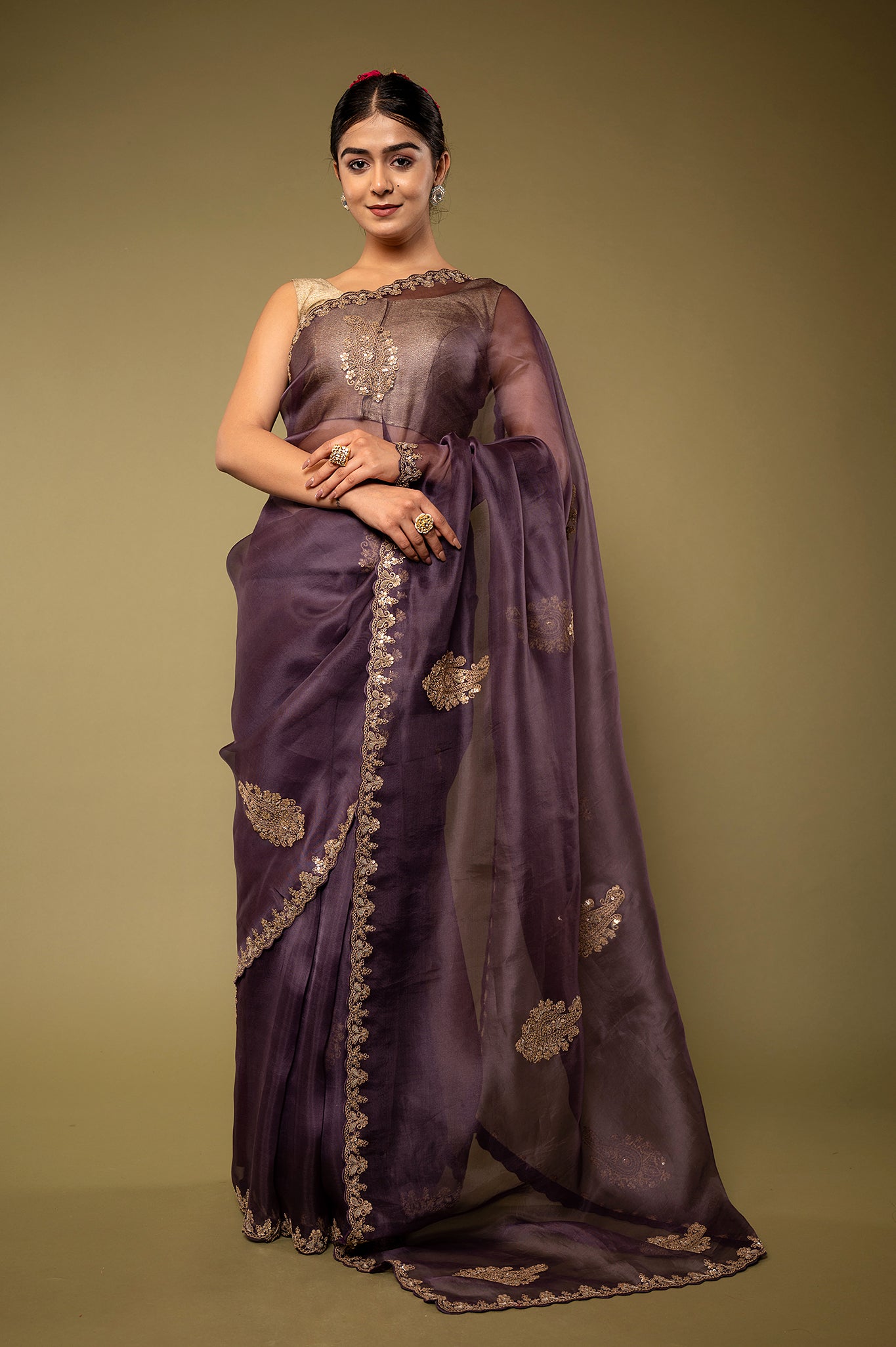 Purple Organza Dapka Marodi Border Butti handwork saree