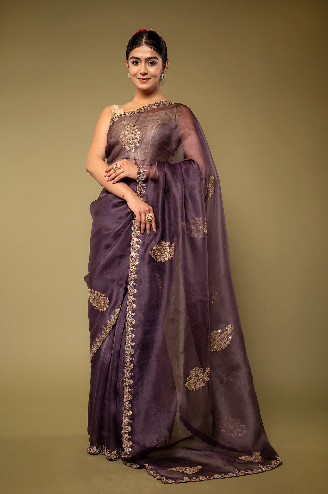 Purple Organza Dapka Marodi Border Butti handwork saree