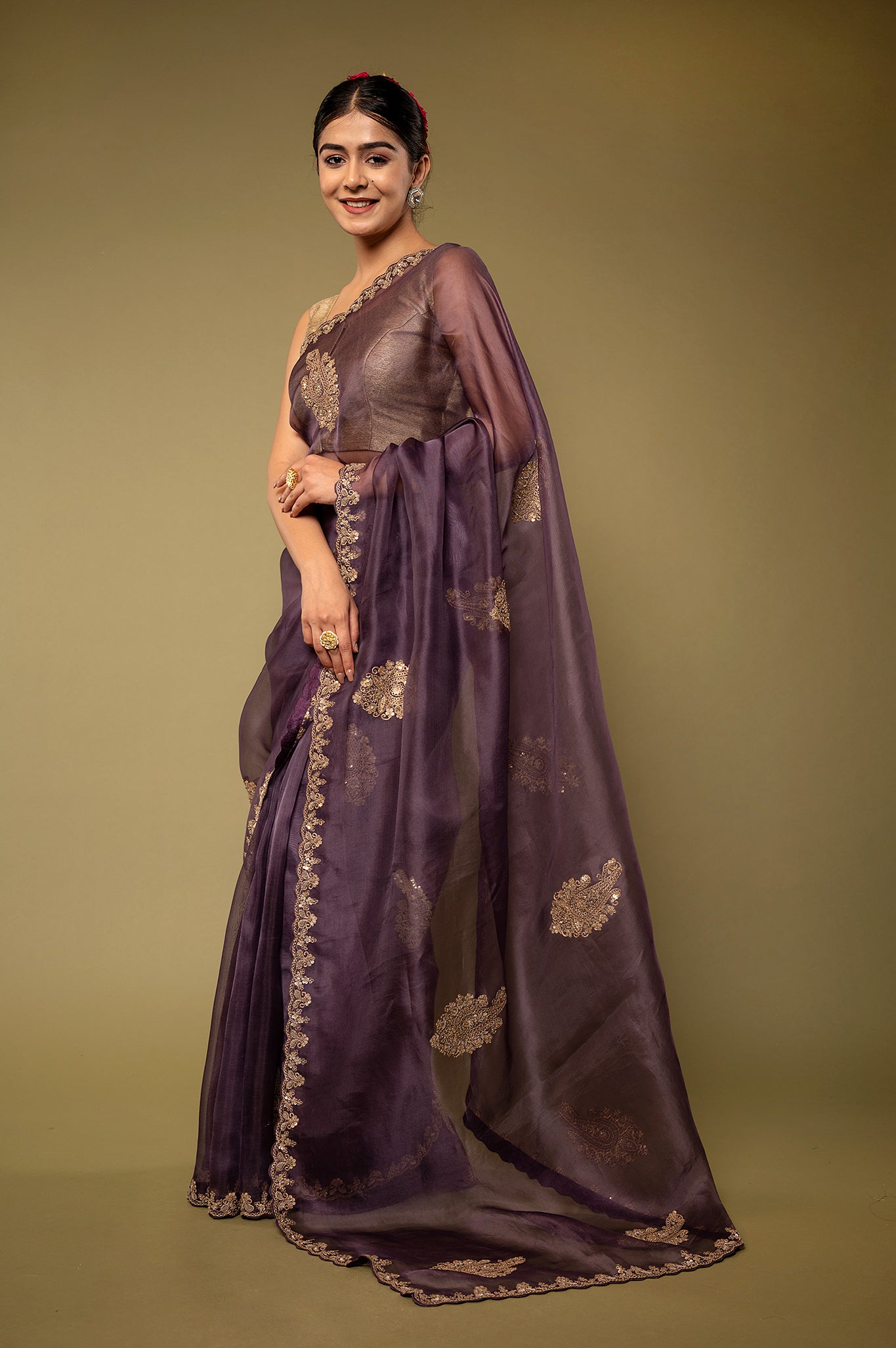 Purple Organza Dapka Marodi Border Butti handwork saree