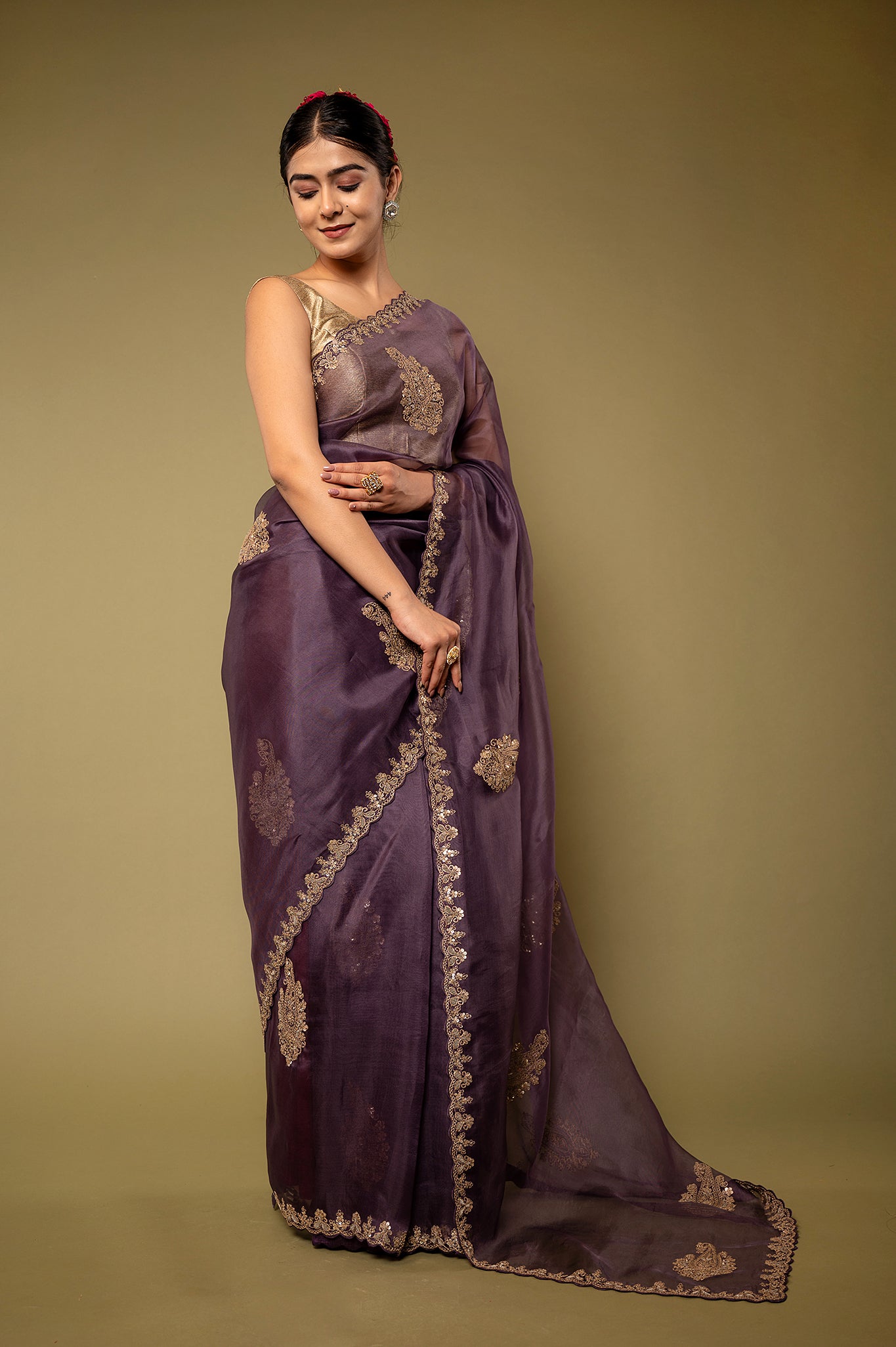 Purple Organza Dapka Marodi Border Butti handwork saree