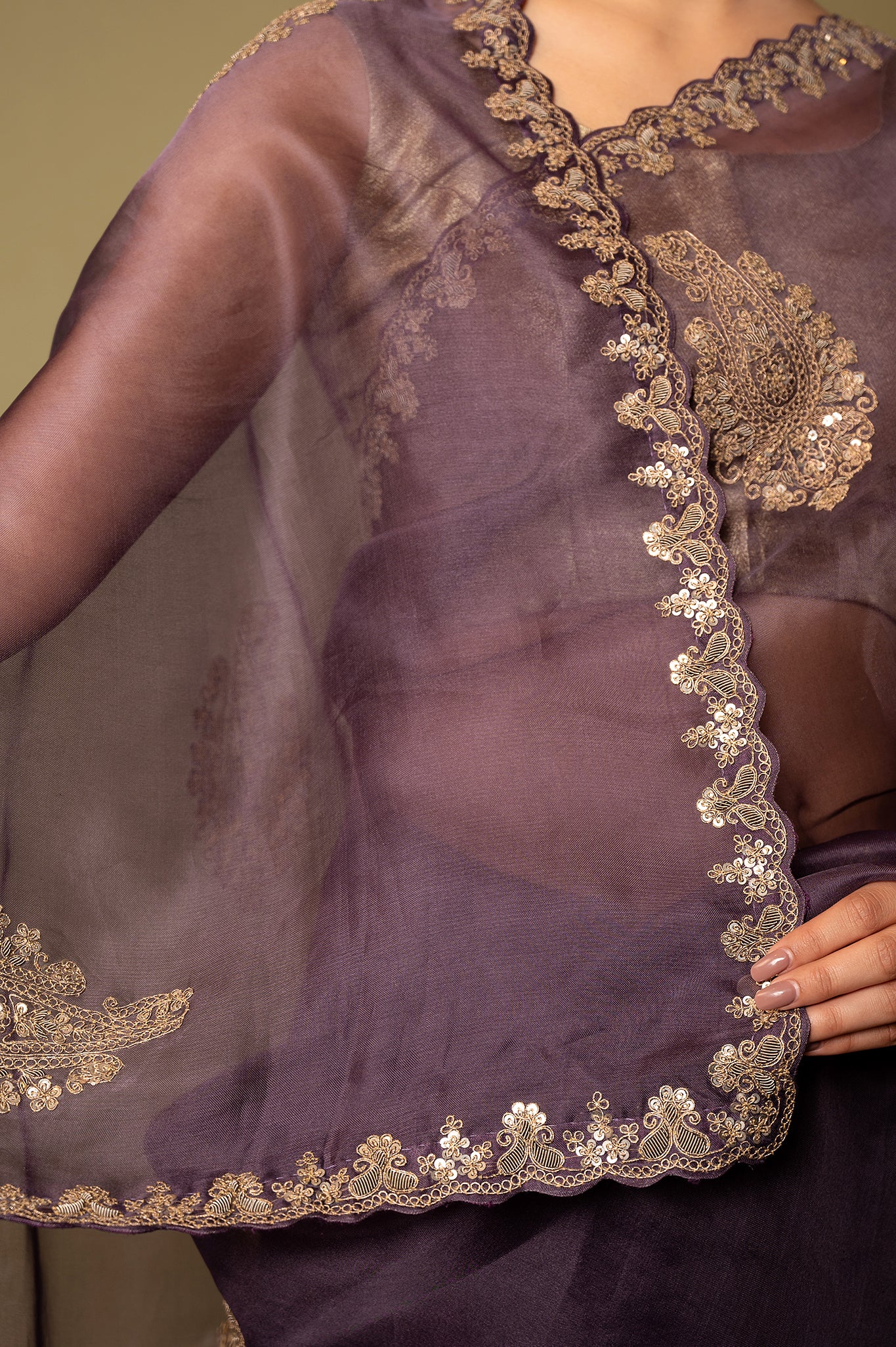 Purple Organza Dapka Marodi Border Butti handwork saree
