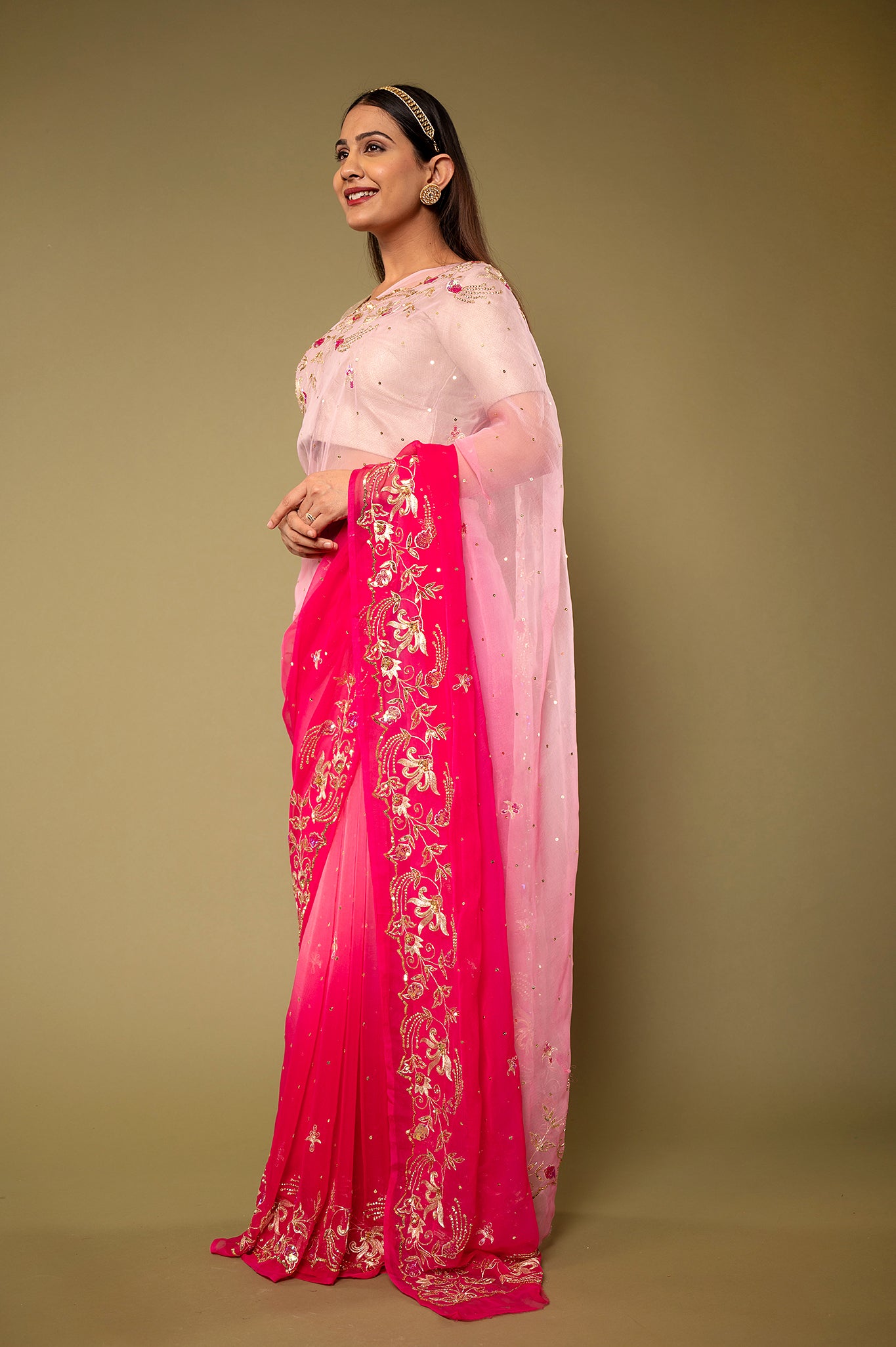 Pink light dark viscose chiffon aari sequins handwork party wear saree