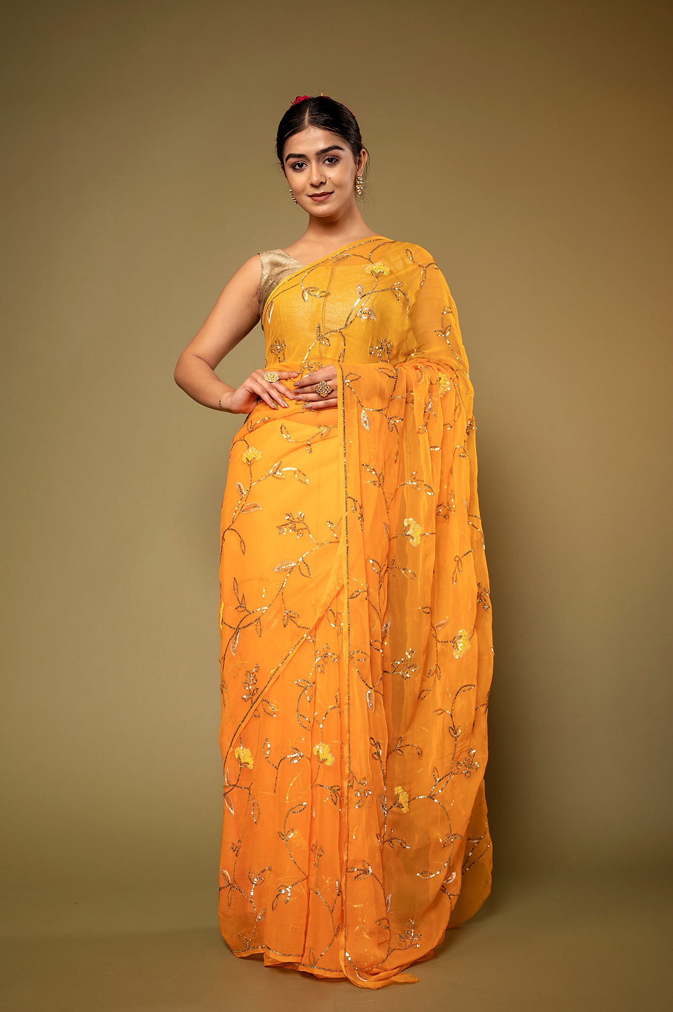 Orange Viscose Chiffon Sequins Jaal Handwork Saree