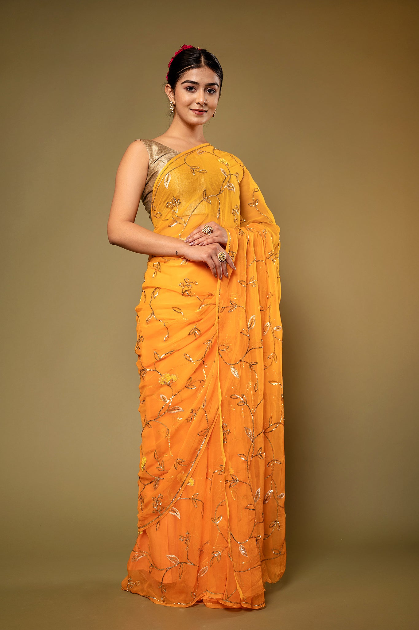Orange Viscose Chiffon Sequins Jaal Handwork Saree