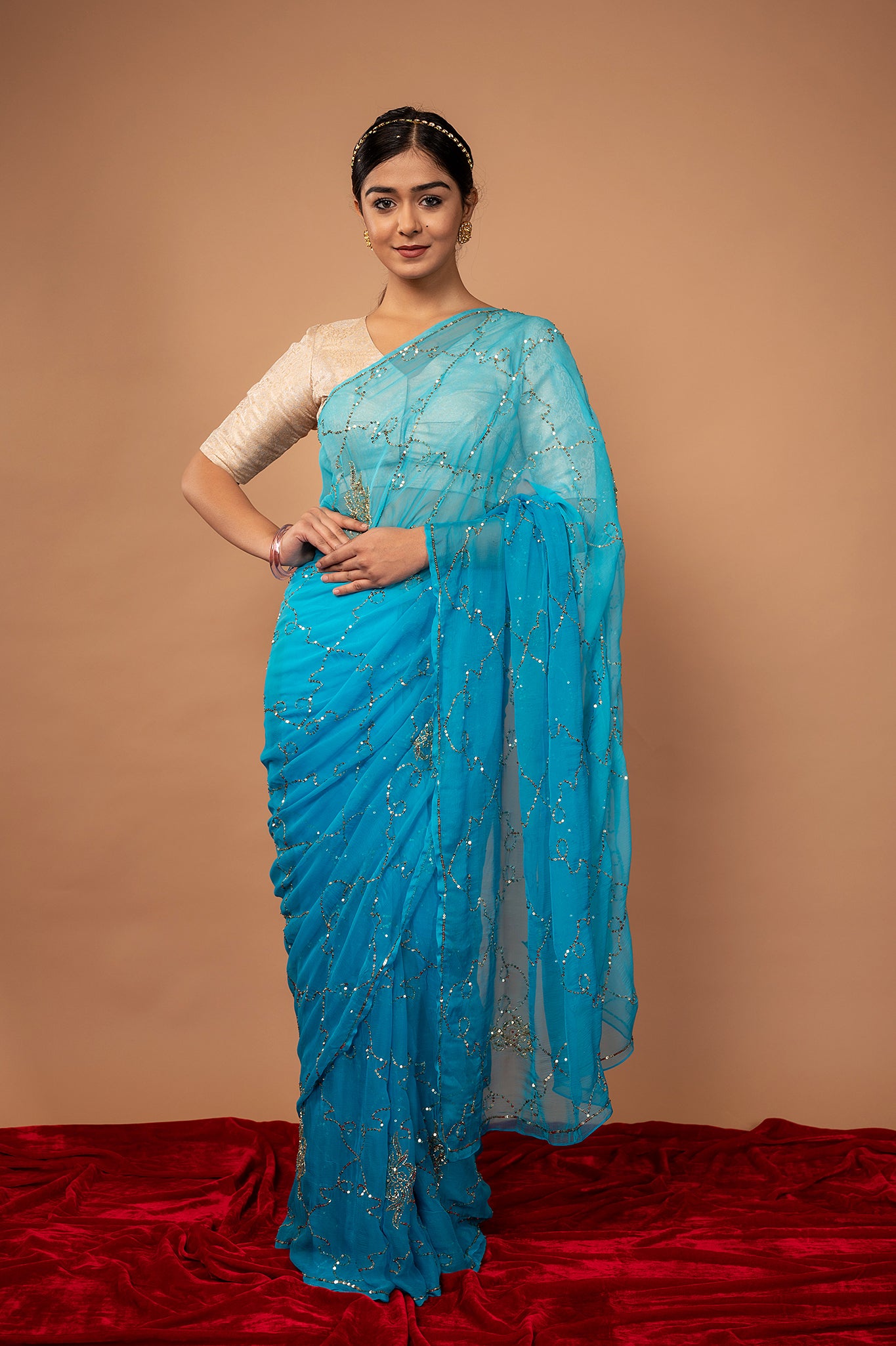 blue viscose chiffon Sequins jaal handwork party wear saree