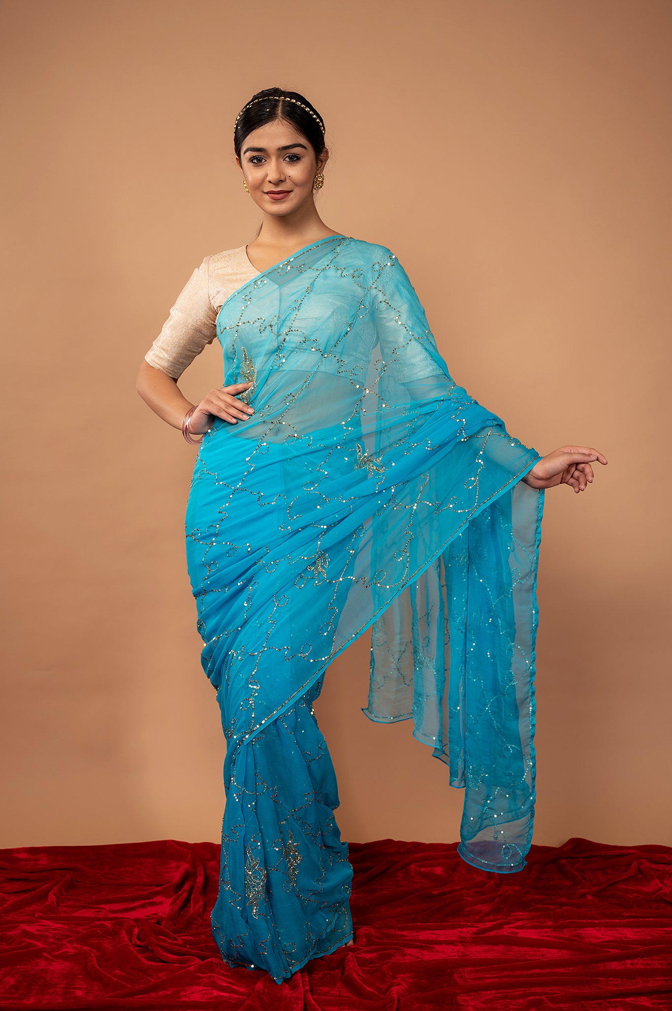 blue viscose chiffon Sequins jaal handwork party wear saree