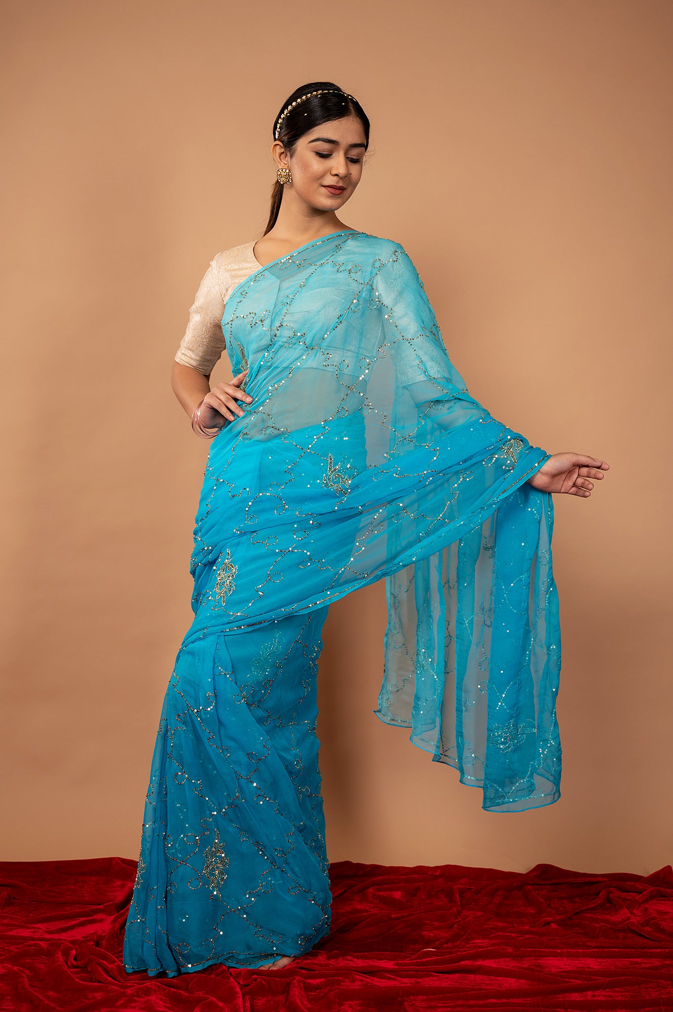 blue viscose chiffon Sequins jaal handwork party wear saree