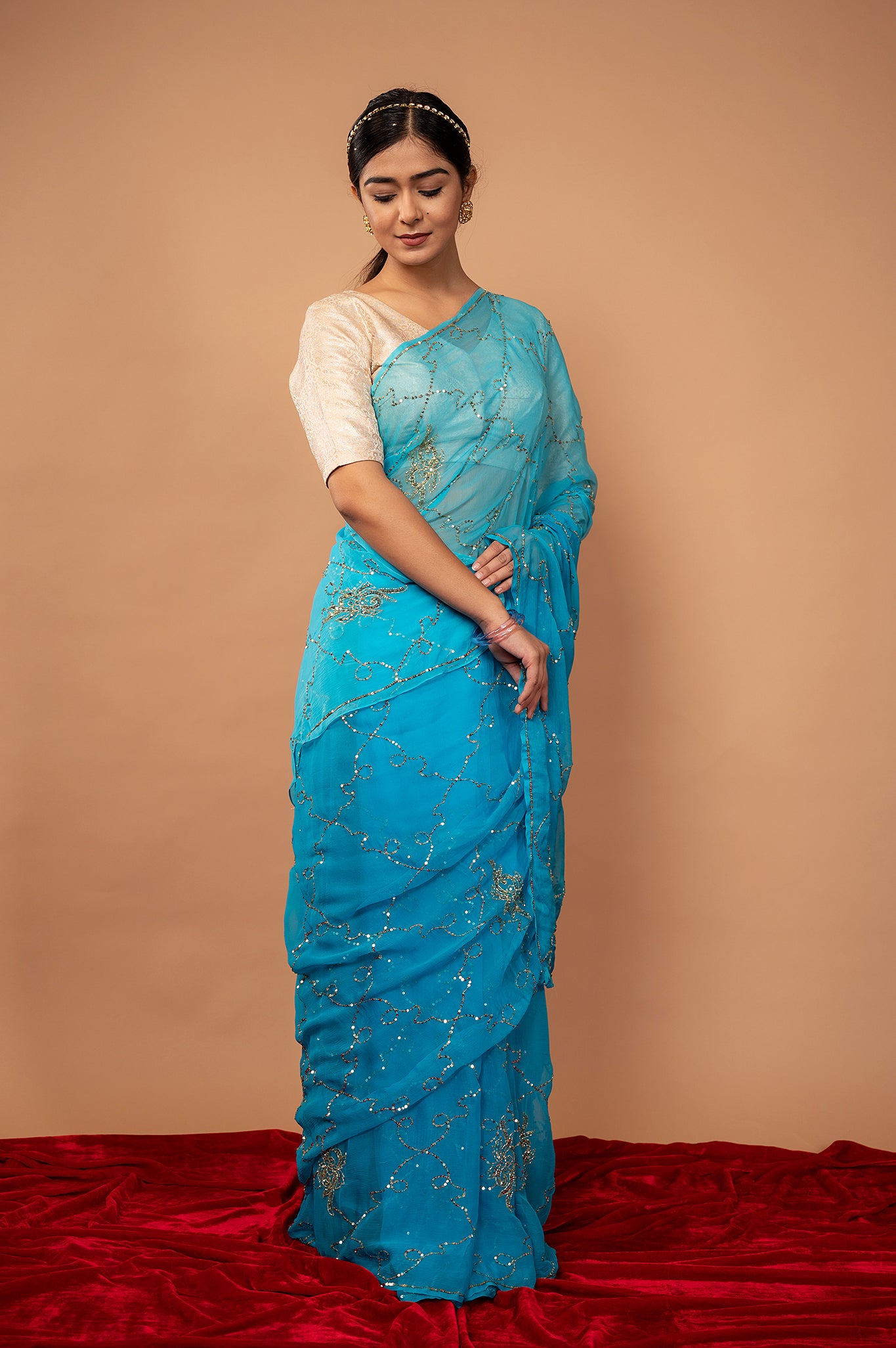 blue viscose chiffon Sequins jaal handwork party wear saree