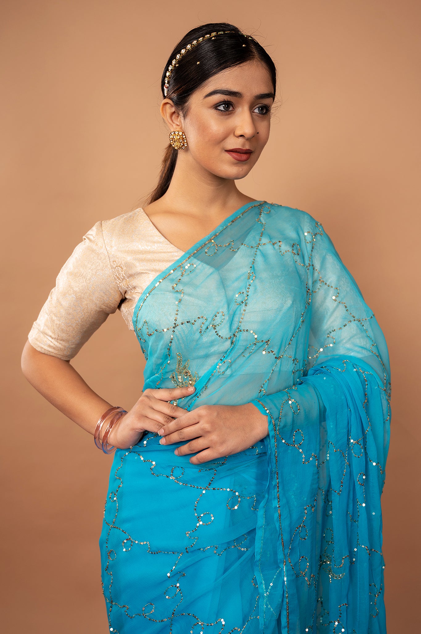 blue viscose chiffon Sequins jaal handwork party wear saree