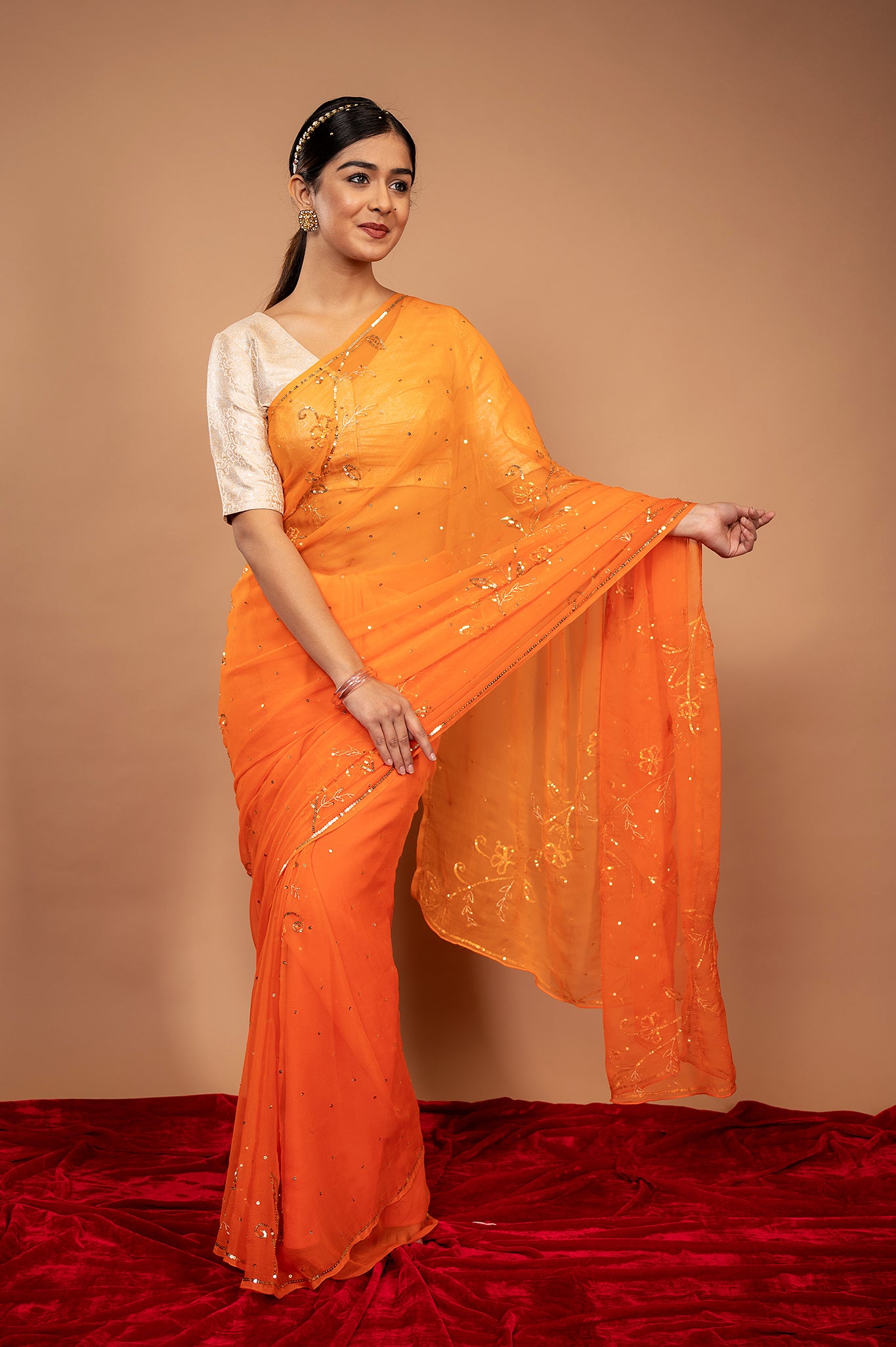 Orange viscose chiffon sequins woek handwork party wear saree