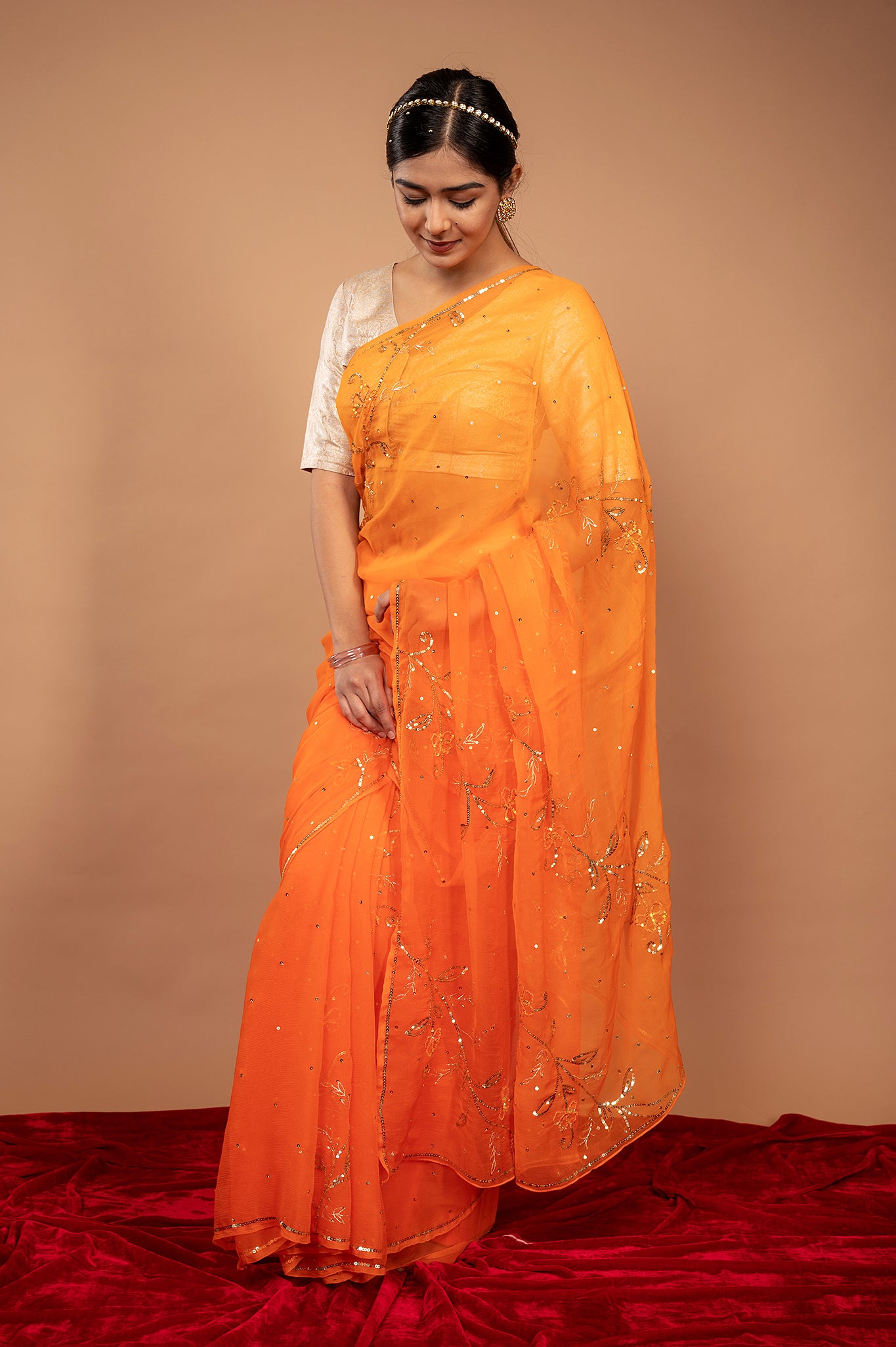 Orange viscose chiffon sequins woek handwork party wear saree