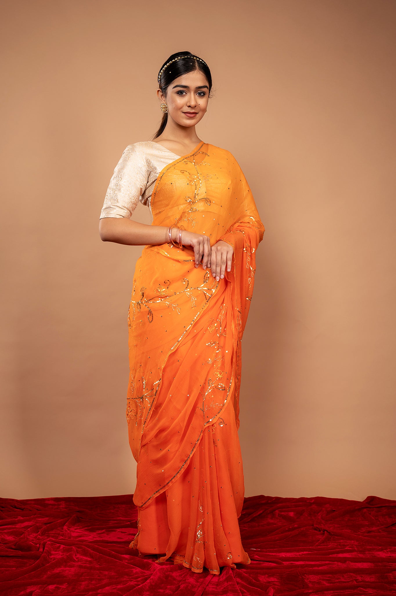 Orange viscose chiffon sequins woek handwork party wear saree