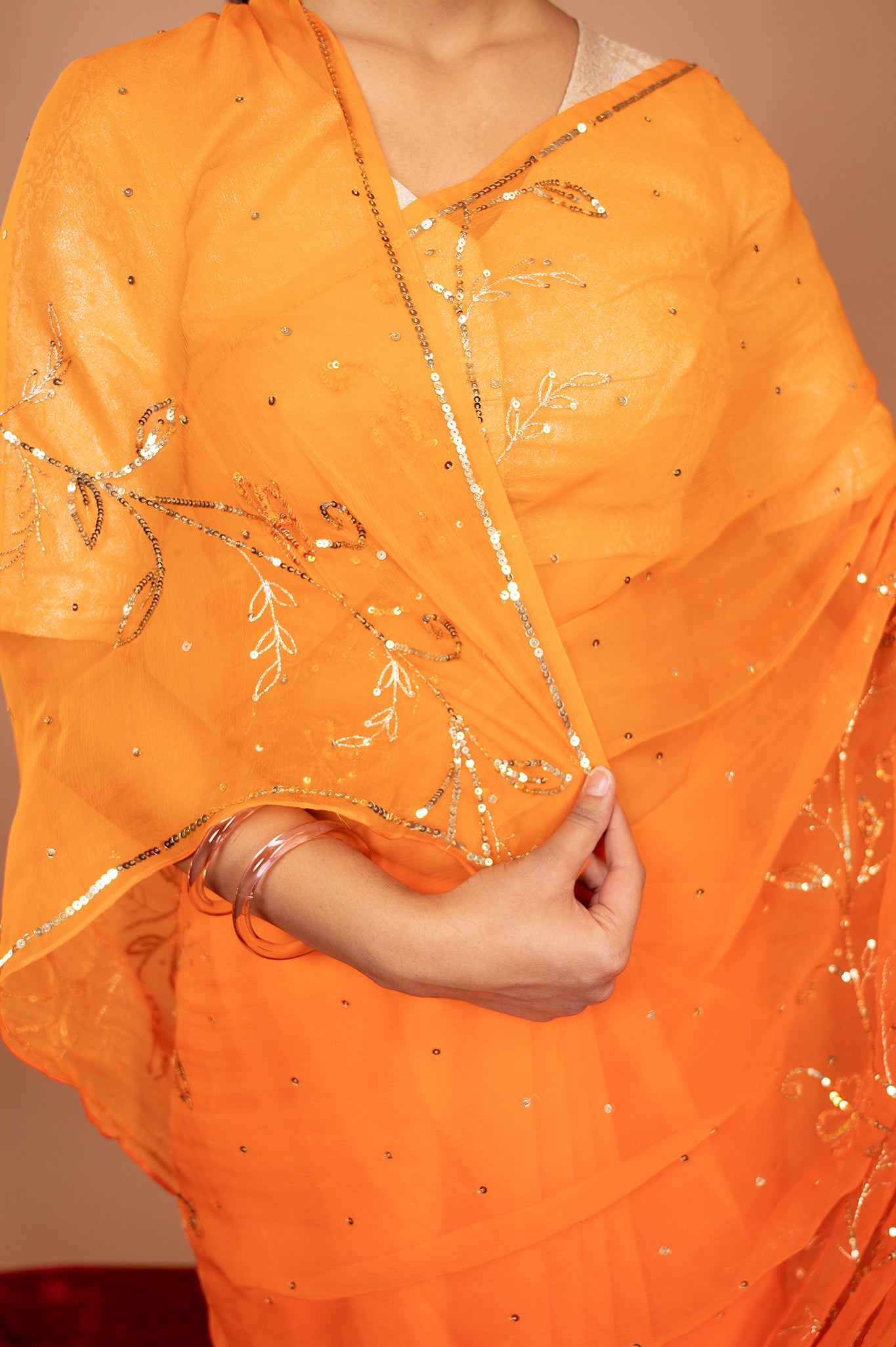 Orange viscose chiffon sequins woek handwork party wear saree