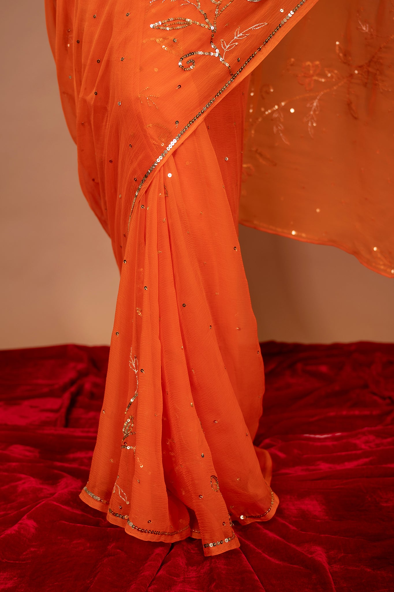 Orange viscose chiffon sequins woek handwork party wear saree
