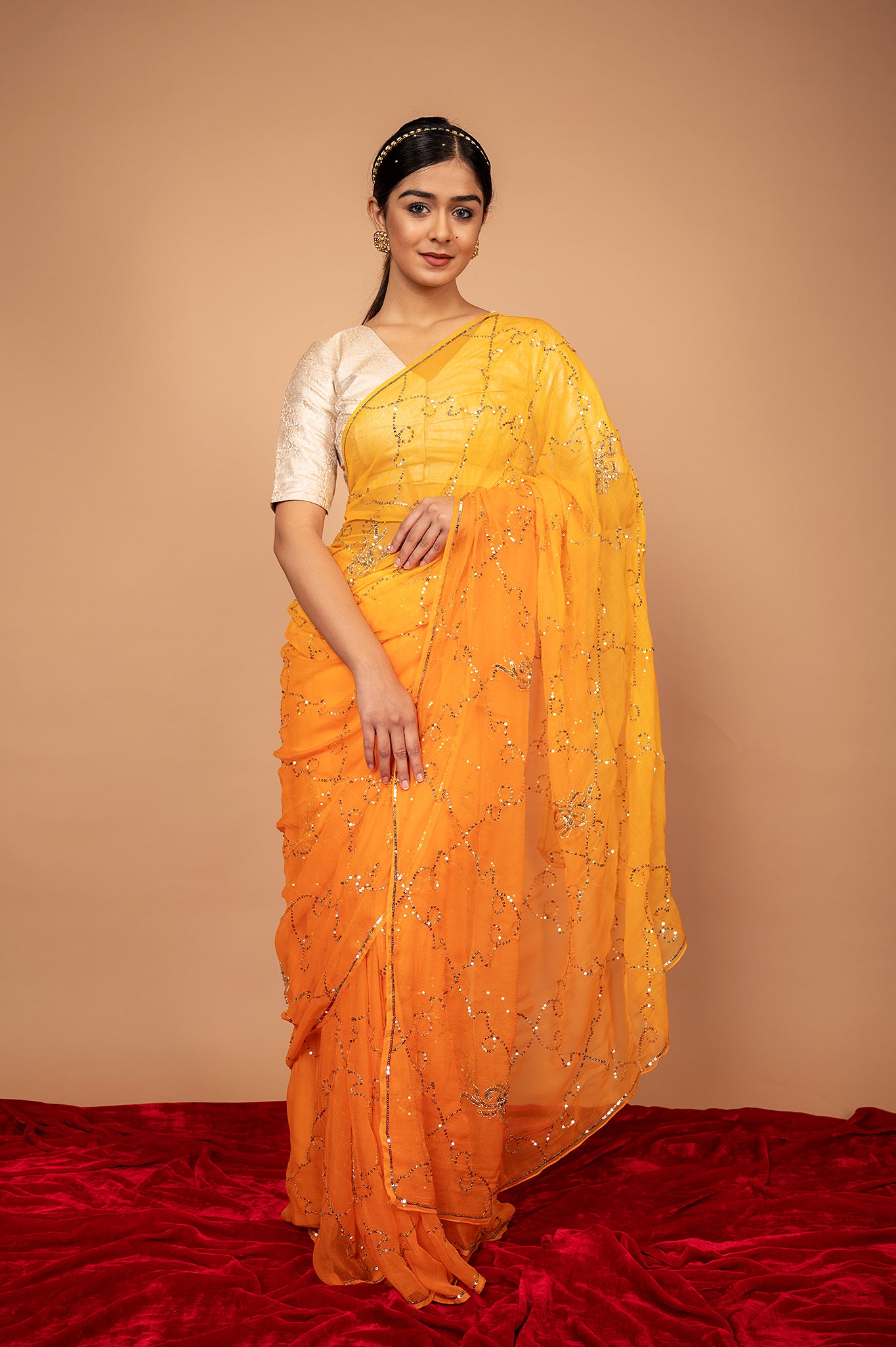 Orange light dark viscose chiffon Aari Sequins jaal handwork casual wear saree