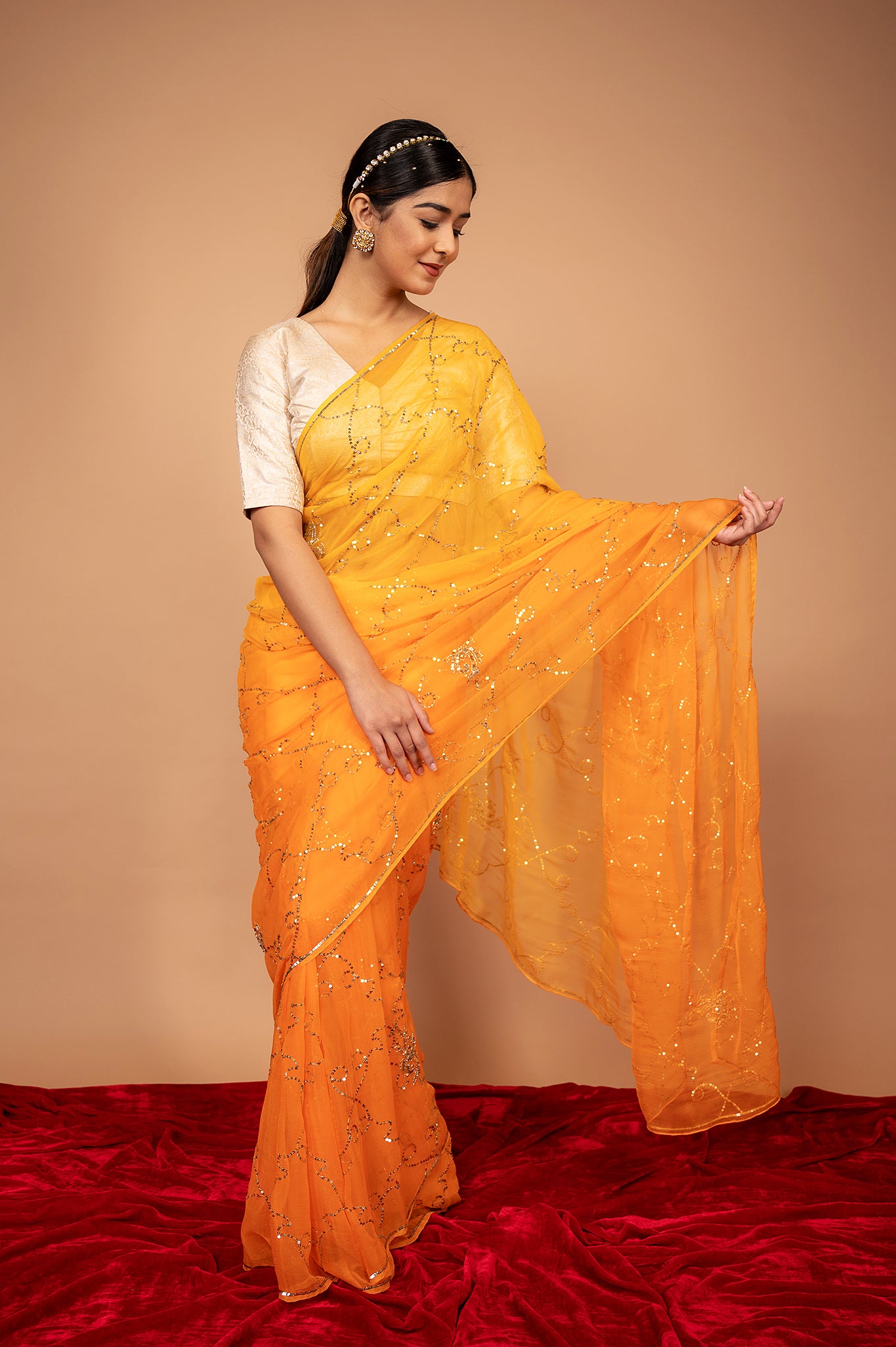 Orange light dark viscose chiffon Aari Sequins jaal handwork casual wear saree