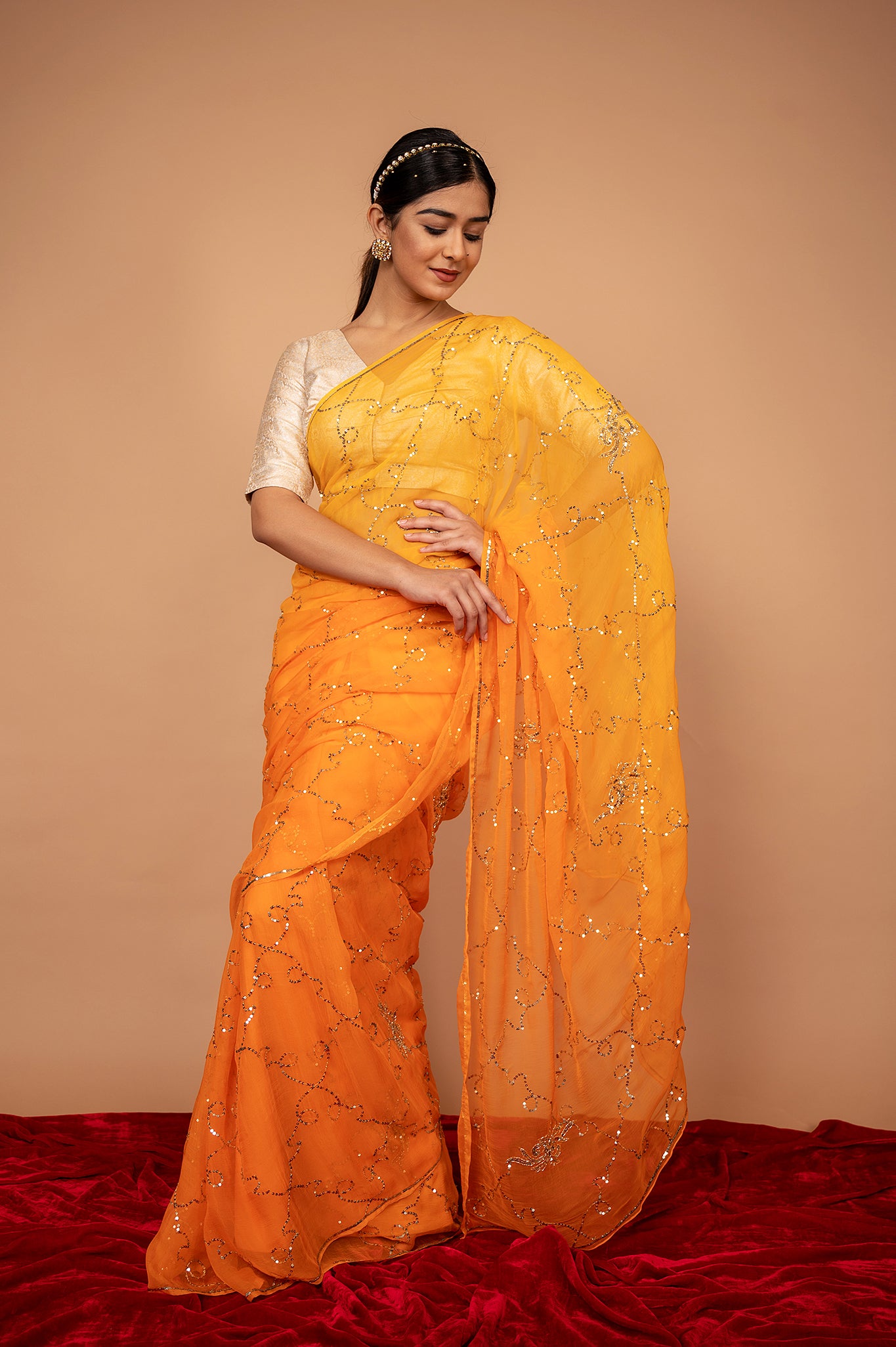Orange light dark viscose chiffon Aari Sequins jaal handwork casual wear saree
