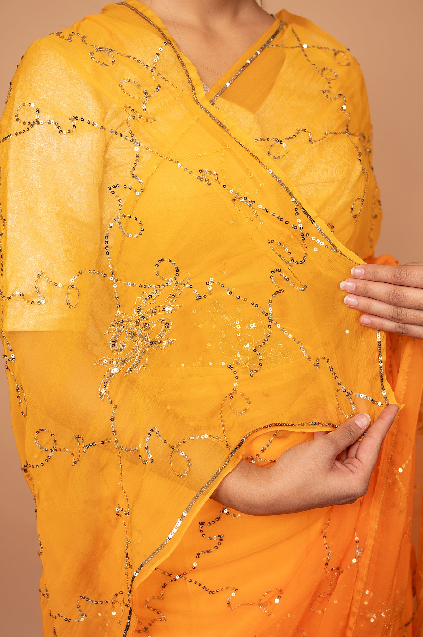 Orange light dark viscose chiffon Aari Sequins jaal handwork casual wear saree