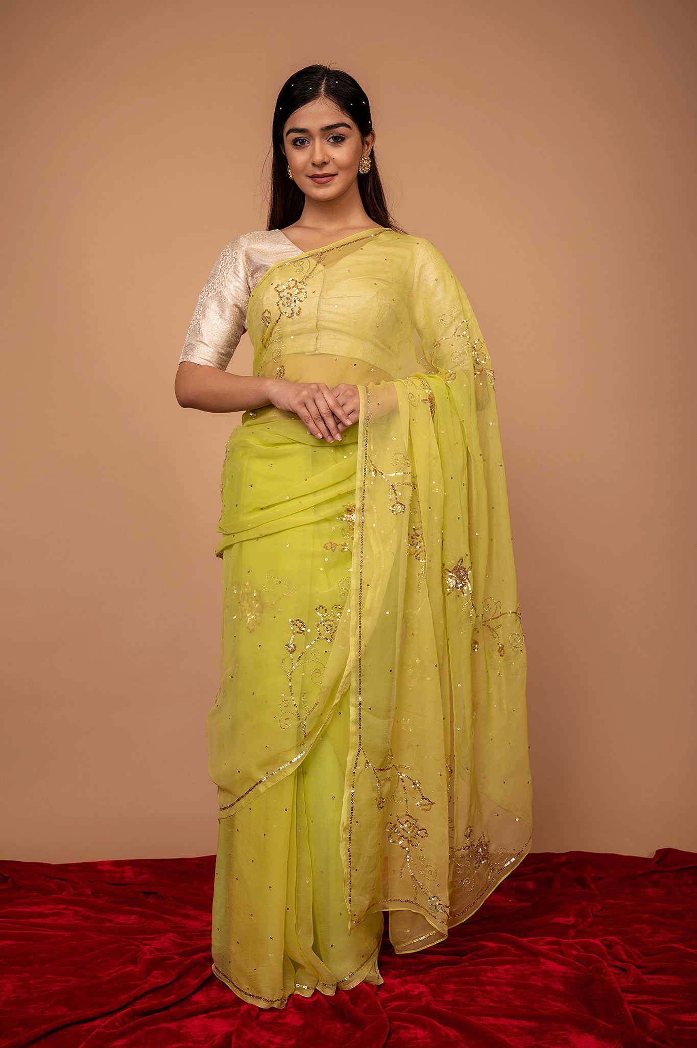 Lemon Yellow Viscose Chiffon All over Sequins Handwork Saree