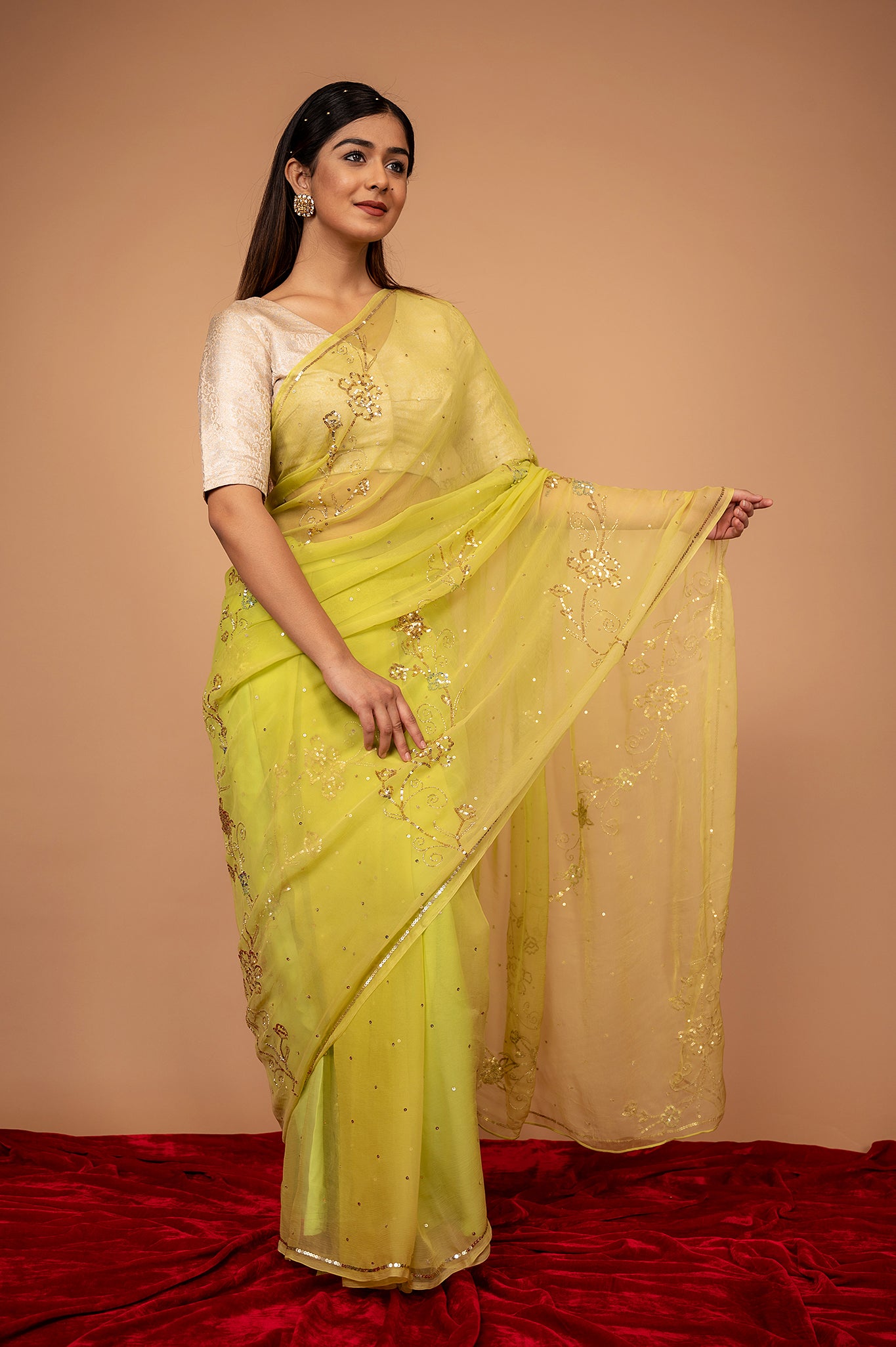 Lemon Yellow Viscose Chiffon All over Sequins Handwork Saree