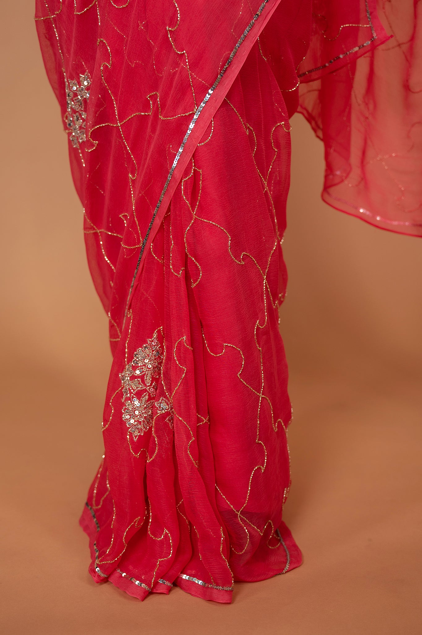 Peach Pink viscose chiffon Kardana sequins Jaal handwork casual wear saree