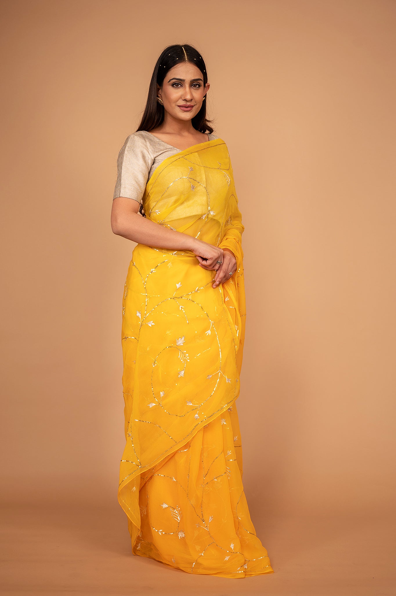 Yellow viscose chiffon aari sequins jaal handwork casual wear saree