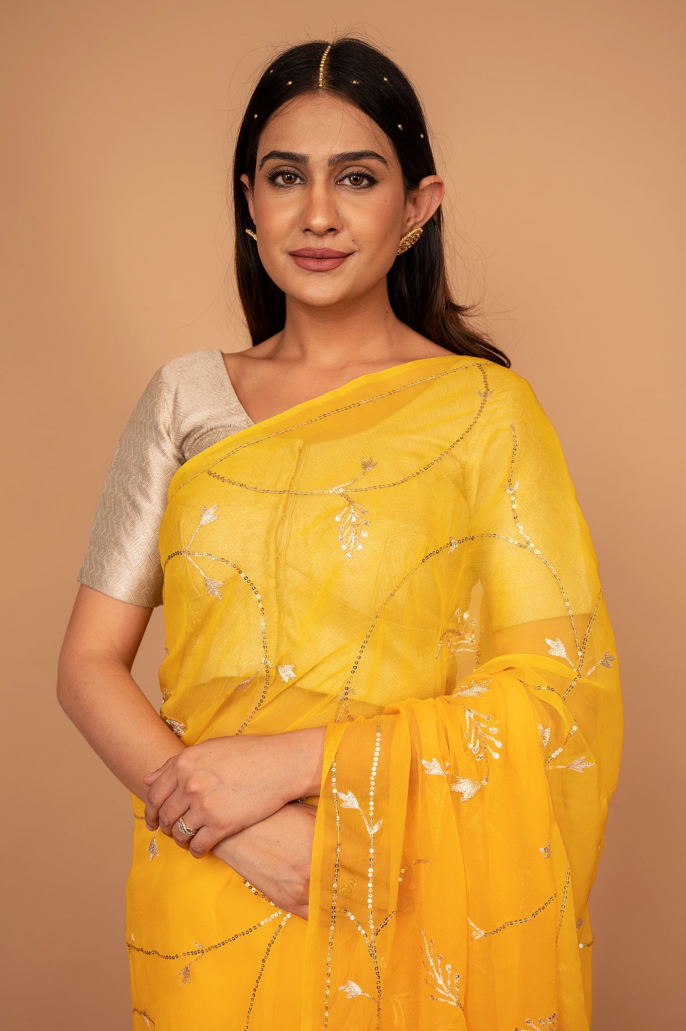 Yellow viscose chiffon aari sequins jaal handwork casual wear saree