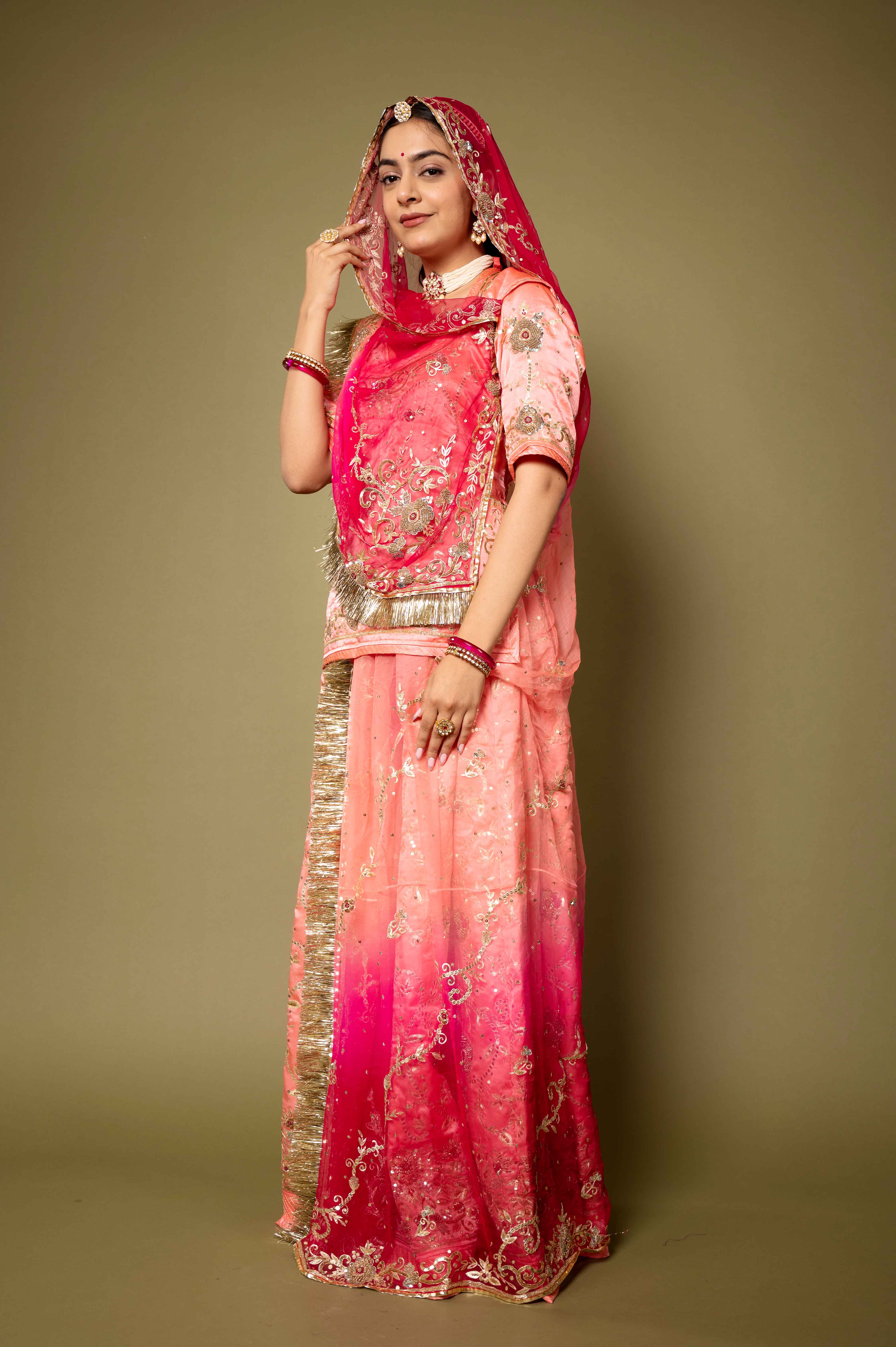 light peach pure satin aari zardozi sequins handwork rajputi Poshak with pure odhna