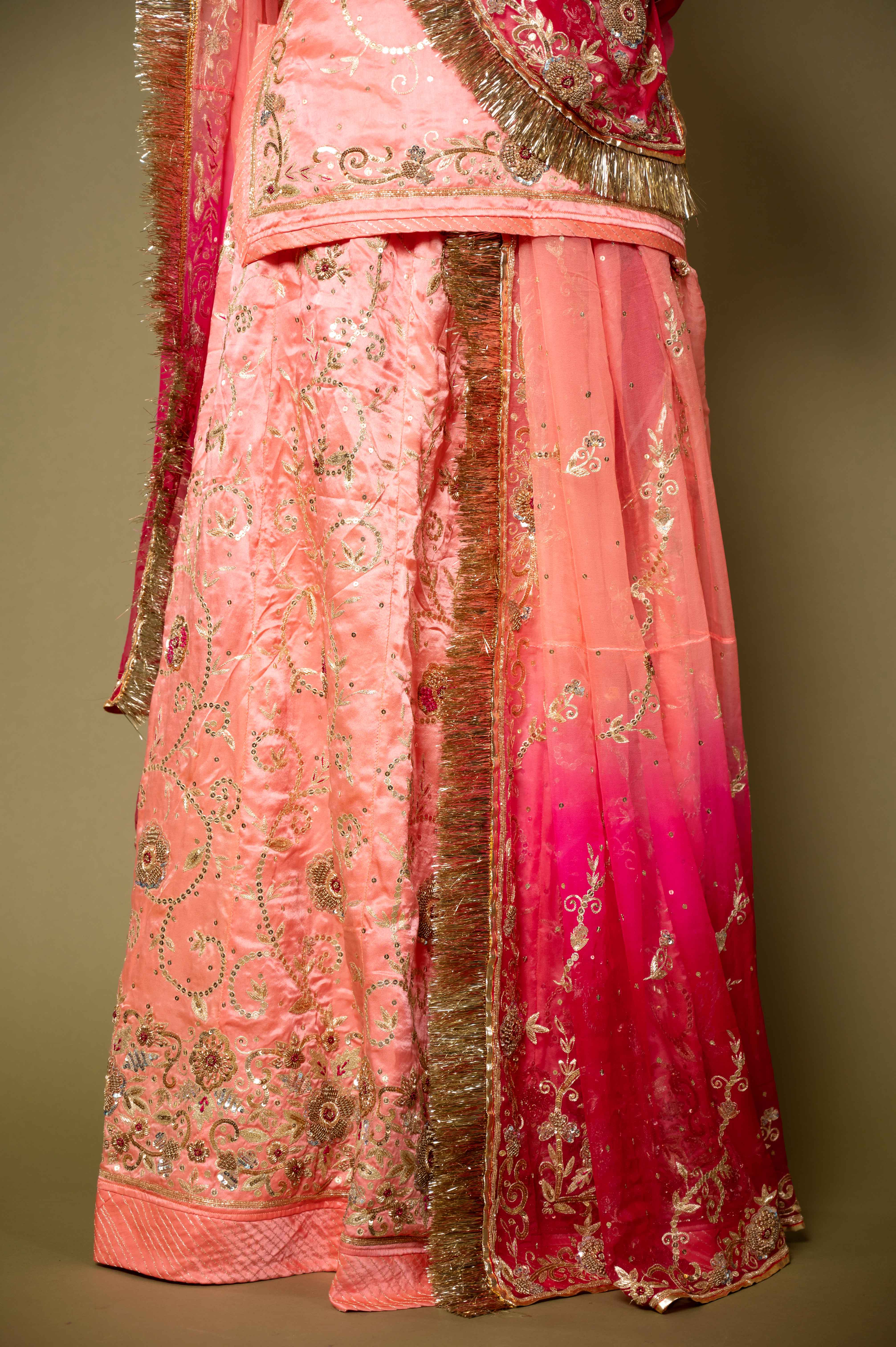 light peach pure satin aari zardozi sequins handwork rajputi Poshak with pure odhna