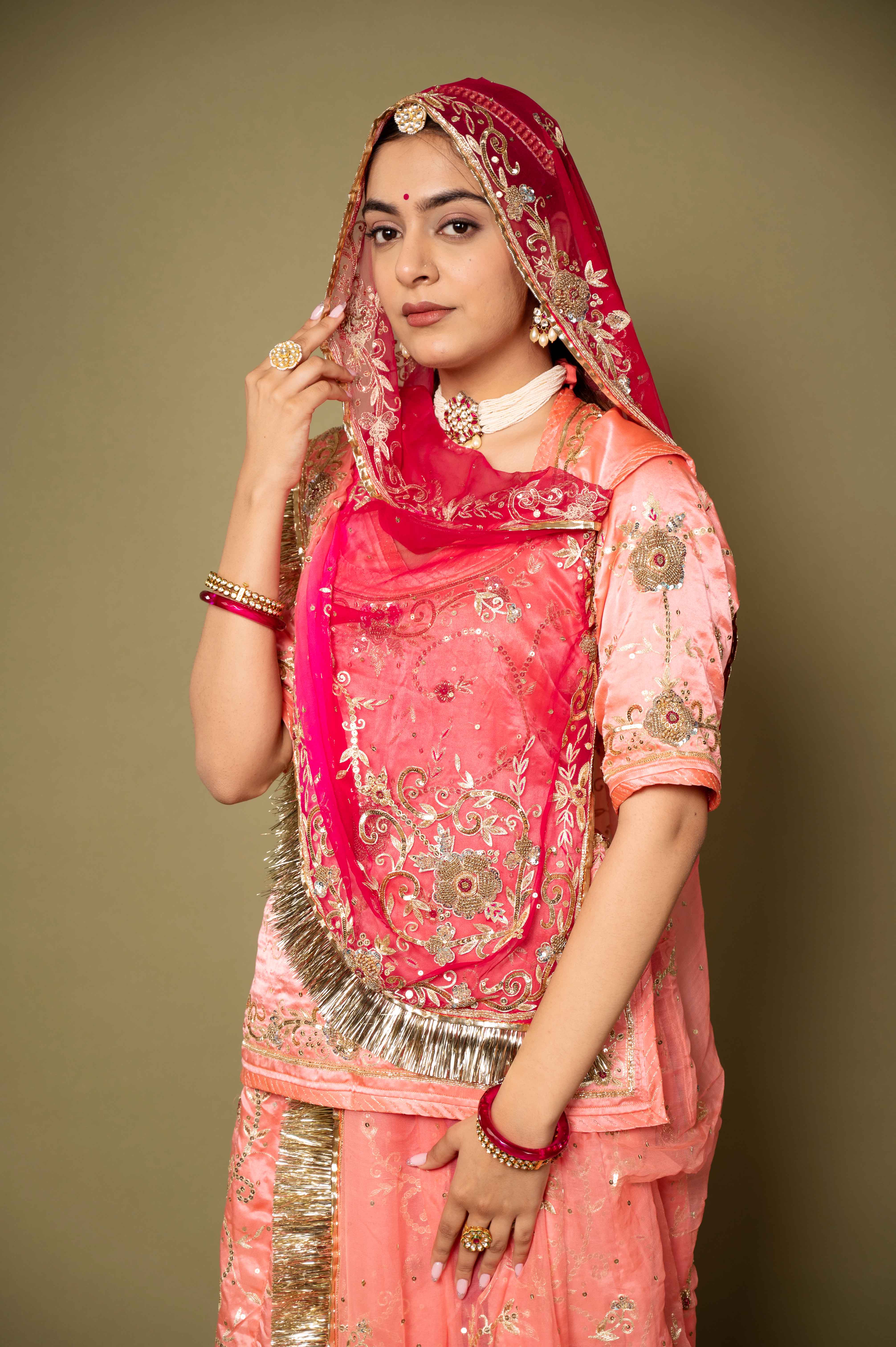 light peach pure satin aari zardozi sequins handwork rajputi Poshak with pure odhna