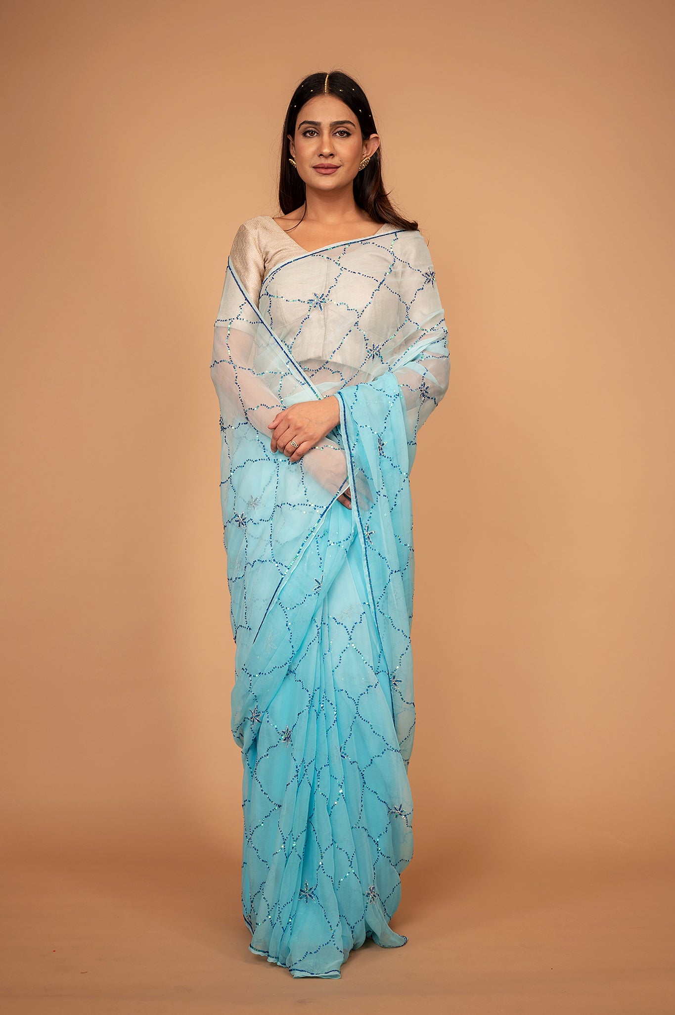 Sky blue light dark viscose chiffon sequins jaal handwork casual wear saree