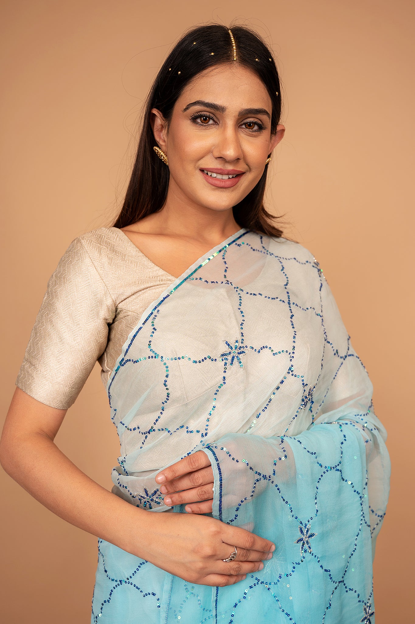 Sky blue light dark viscose chiffon sequins jaal handwork casual wear saree