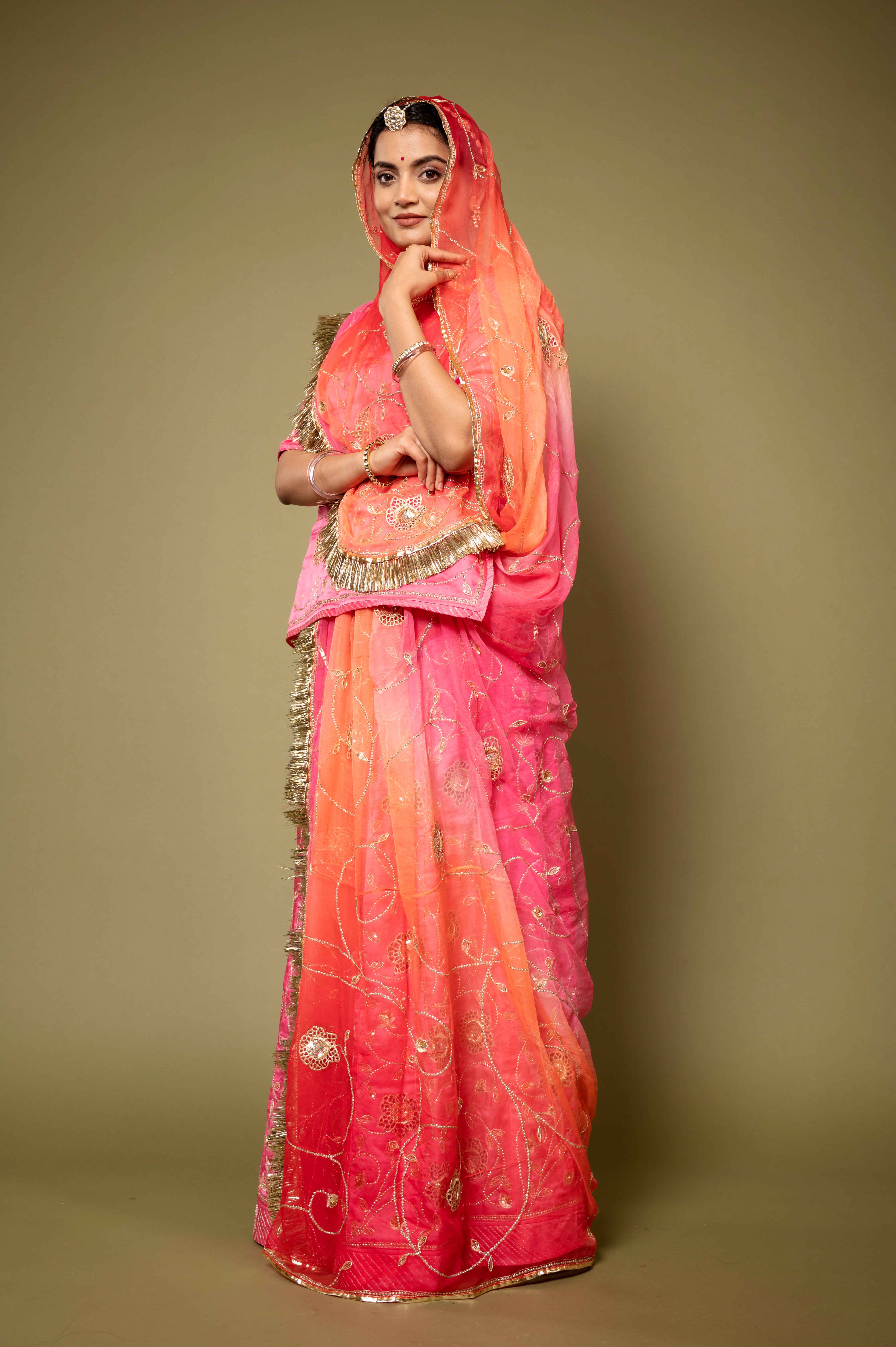 pink bamber satin aari katori cut work handwork rajputi Poshak with pure odhna