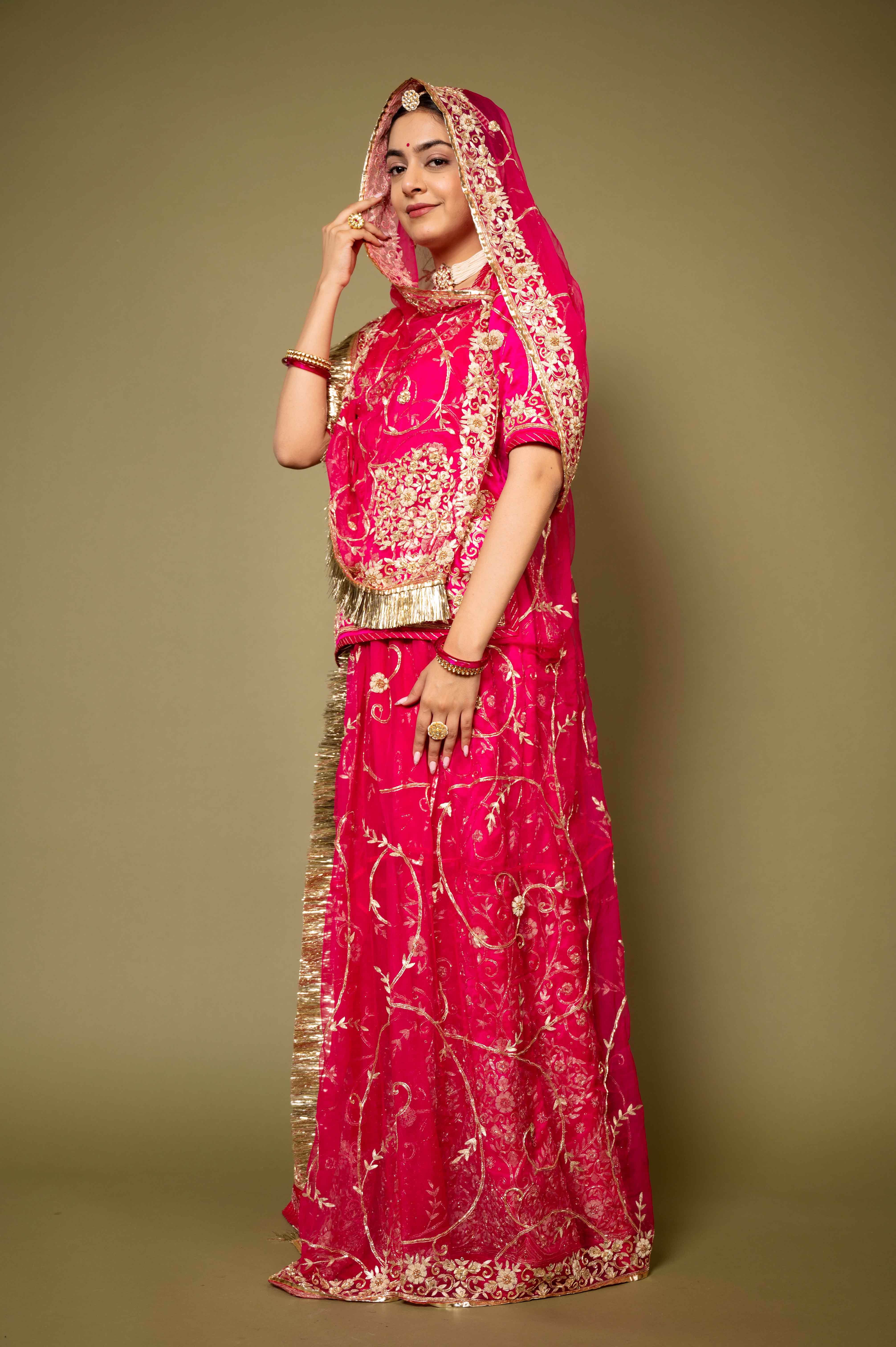 rani pink pure satin aari zardozi handwork rajputi Poshak with pure odhna