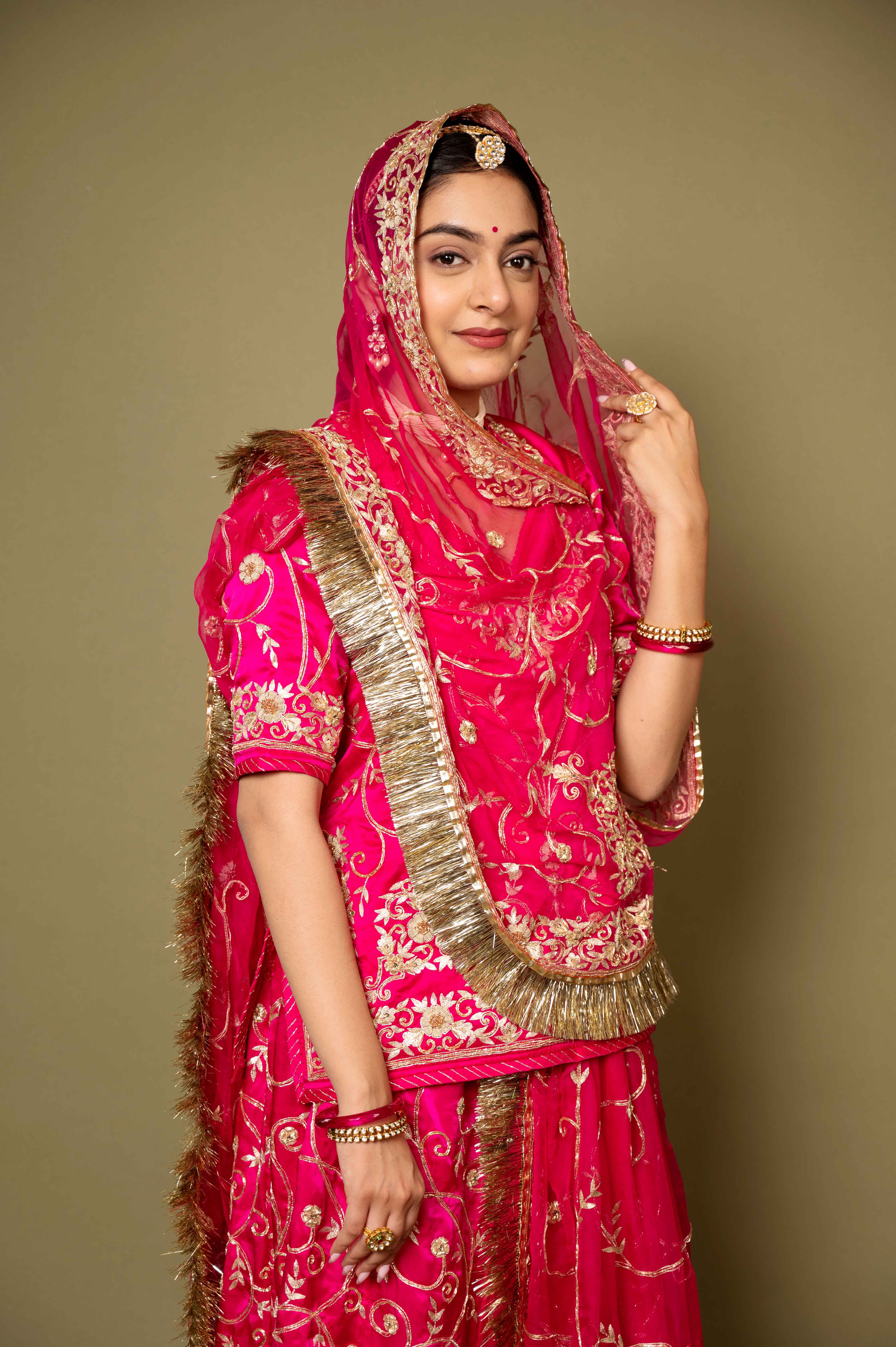 rani pink pure satin aari zardozi handwork rajputi Poshak with pure odhna