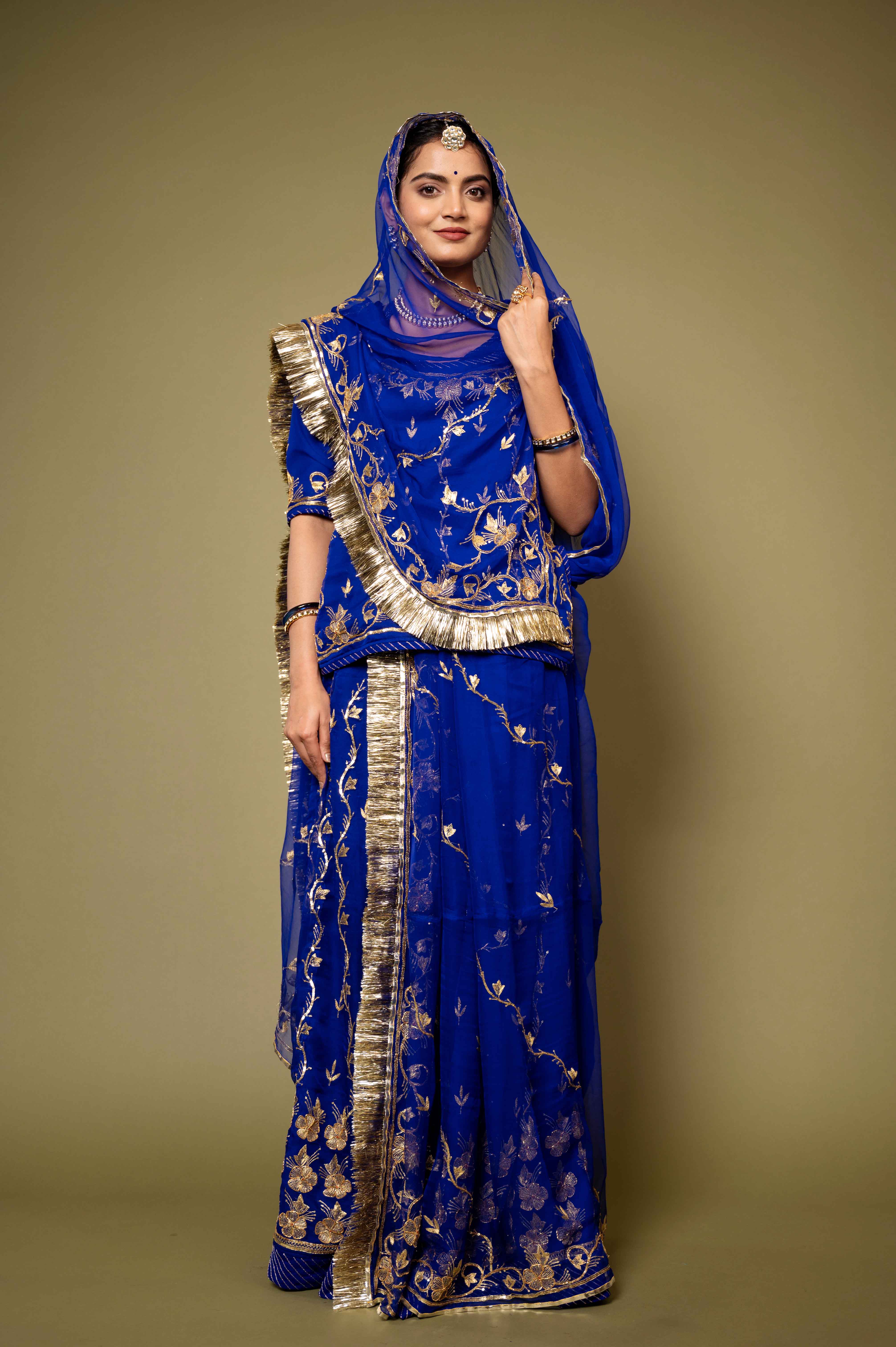 Royal Blue bamber satin aari zardozi handwork rajputi Poshak with pure odhna